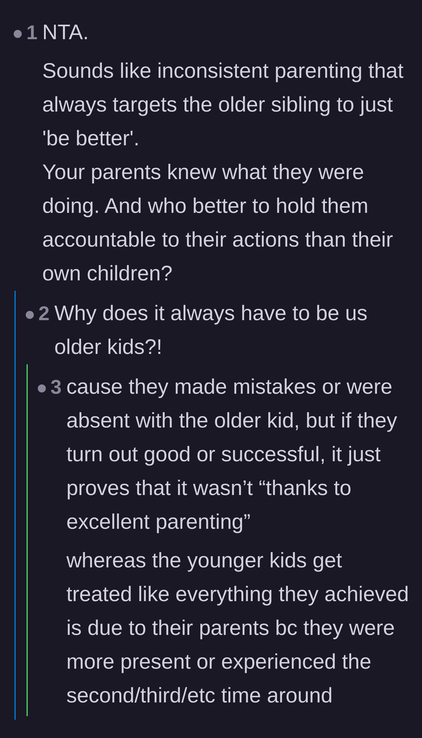 Comment thread 4 - A deep dive into the curse of being the older sibling and parents taking credit for the younger sibling's success.