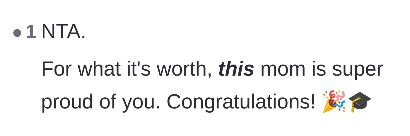 Comment thread 5 - A wholesome comment from an internet stranger offering the motherly pride the main character didn't get at home.