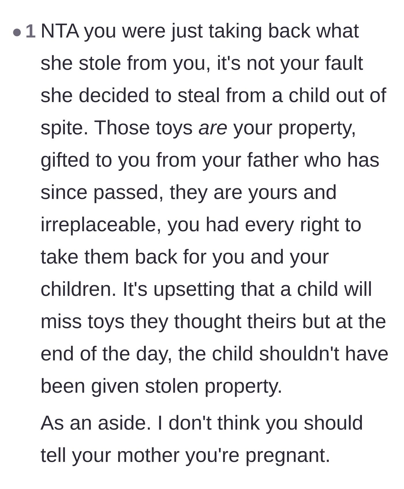 Comment thread 3 - Validation that the author simply retrieved stolen property and a warning to protect her pregnancy news.