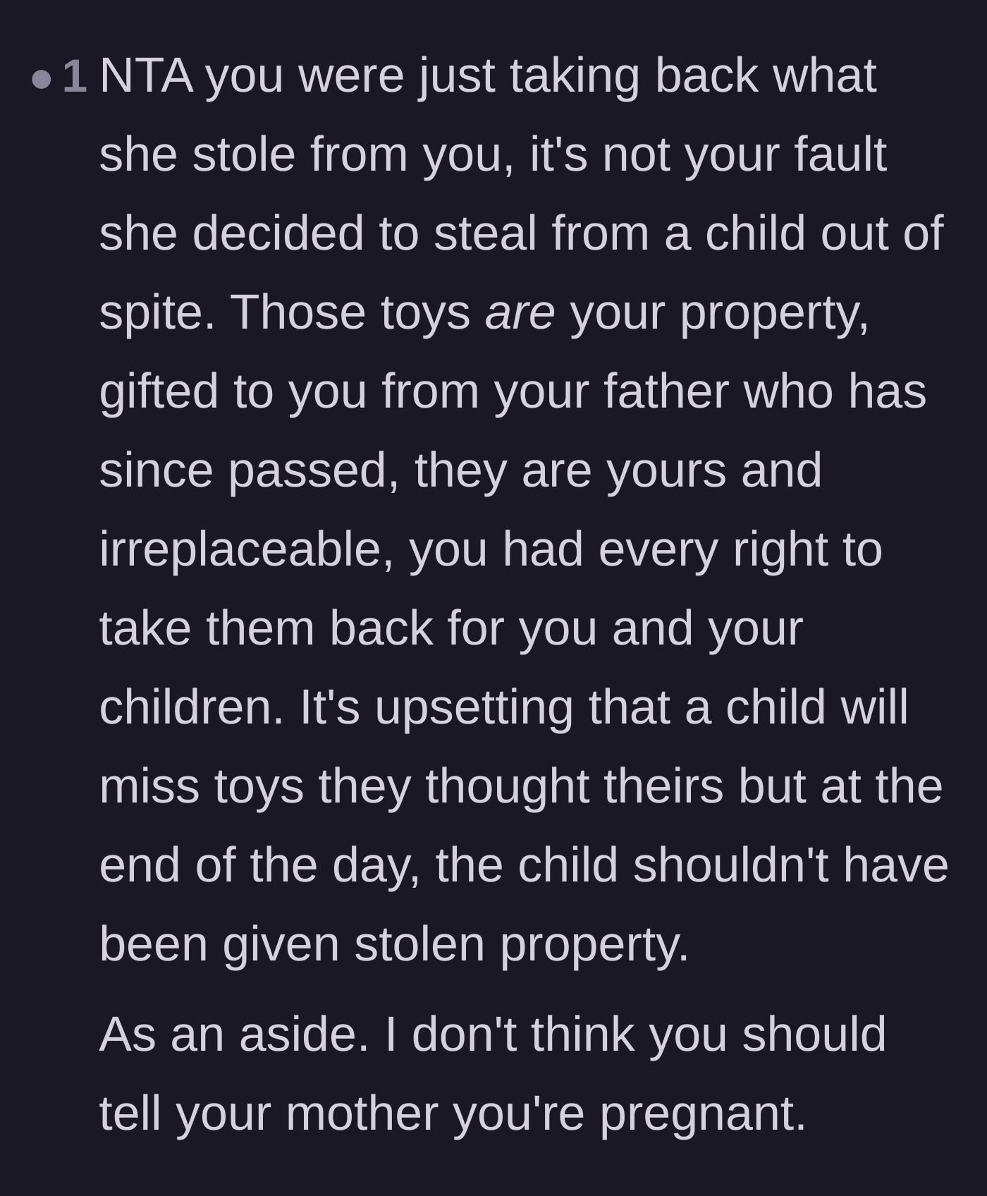 Comment thread 3 - Validation that the author simply retrieved stolen property and a warning to protect her pregnancy news.