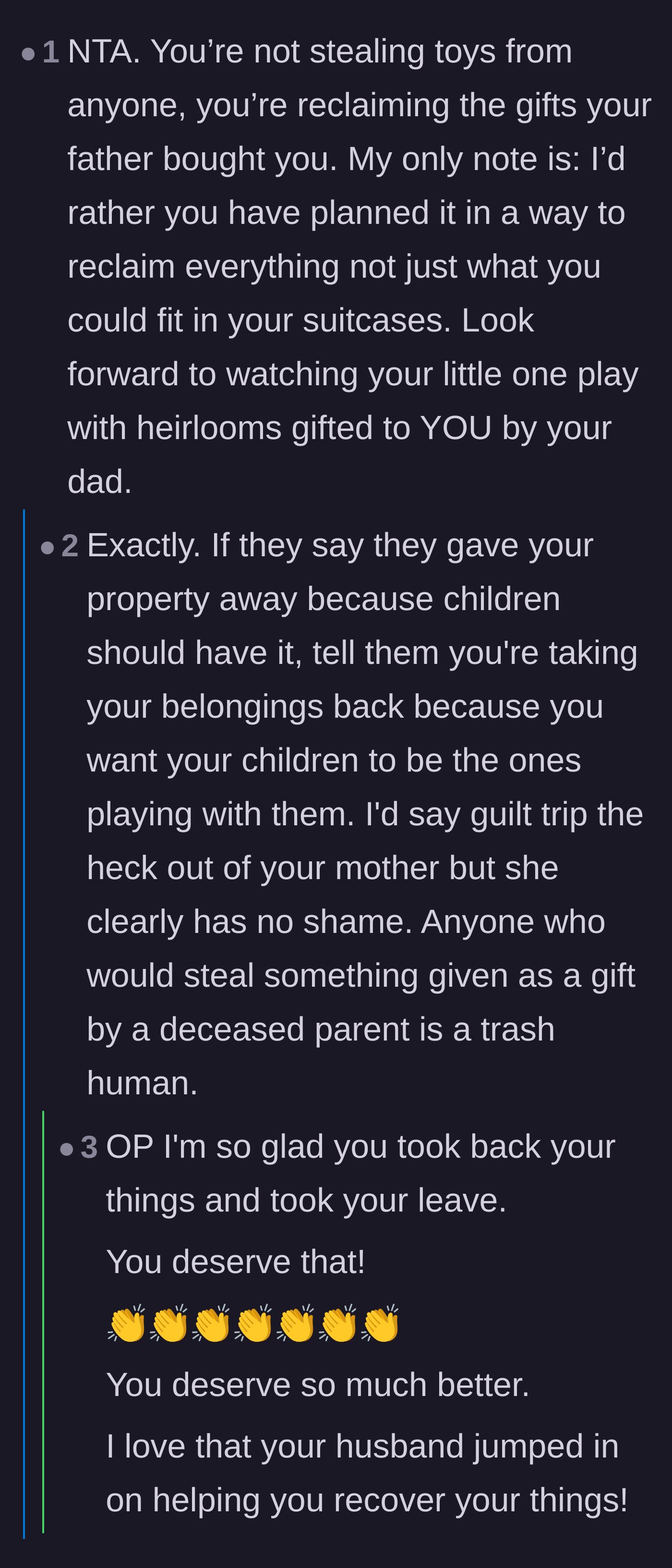 Comment thread 4 - Readers wishing the author could have taken everything and praising her husband for jumping in to help.