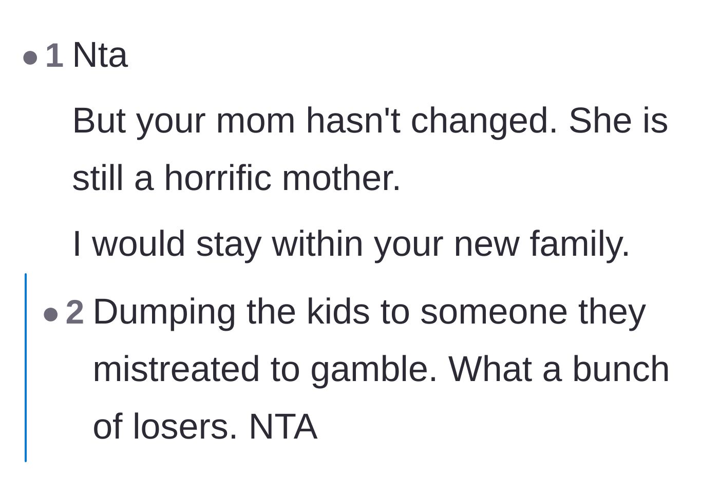 Comment thread 5 - Outrage over the mother abandoning the author to babysit so the adults could go gamble.