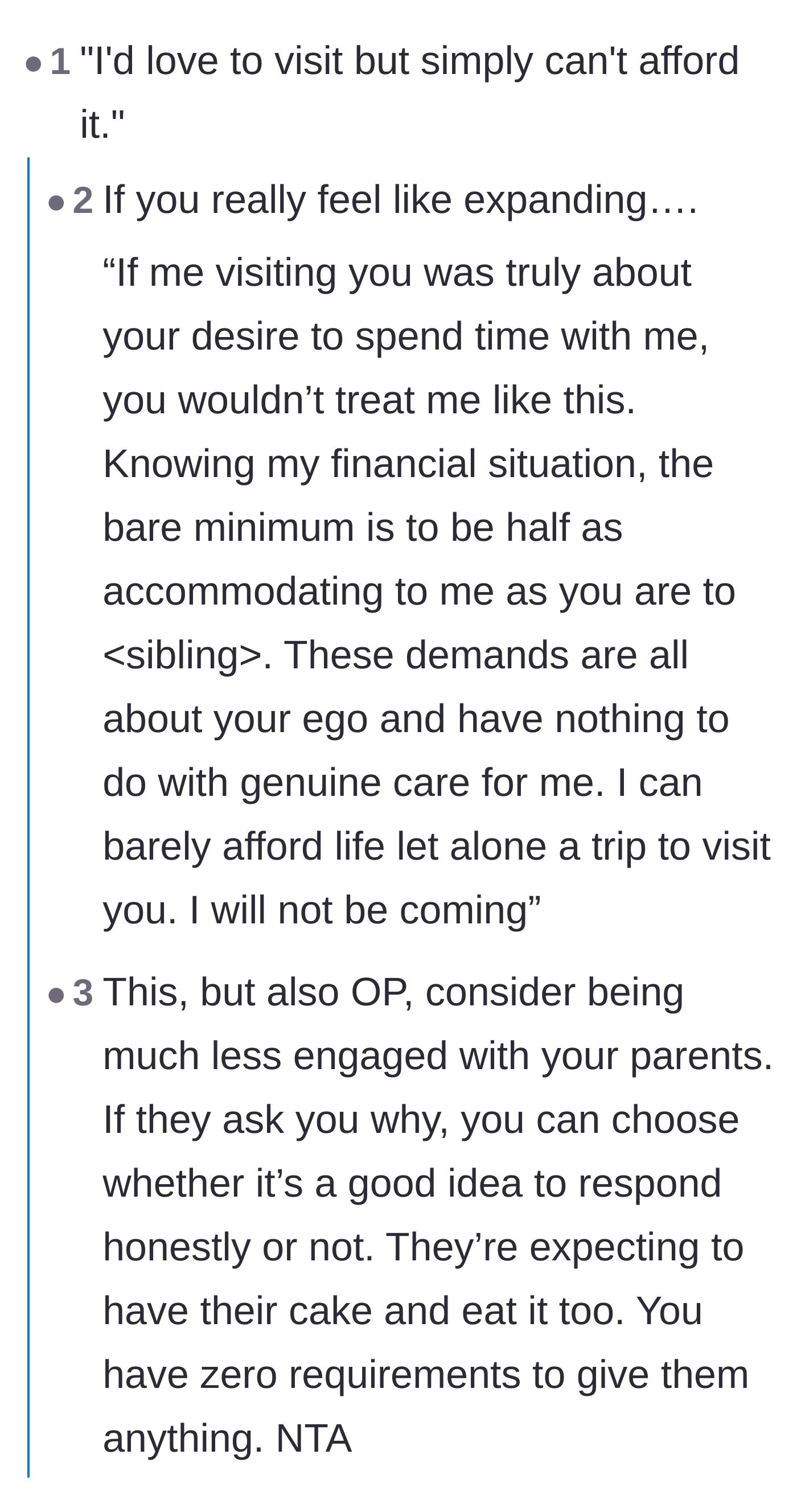 Comment thread 1 - Advice on giving a direct script to confront the parents' ego and stepping back from the relationship.