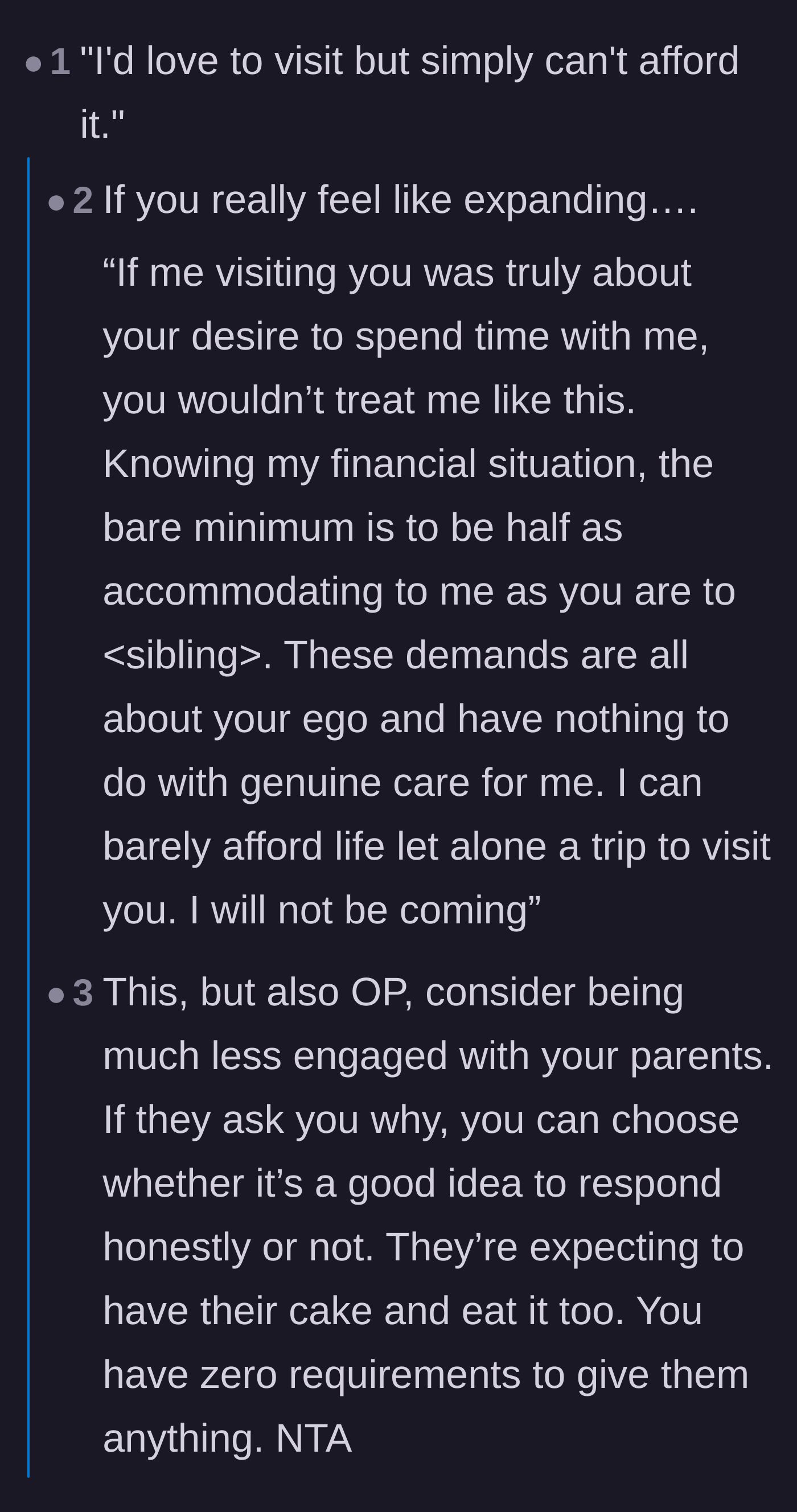 Comment thread 1 - Advice on giving a direct script to confront the parents' ego and stepping back from the relationship.