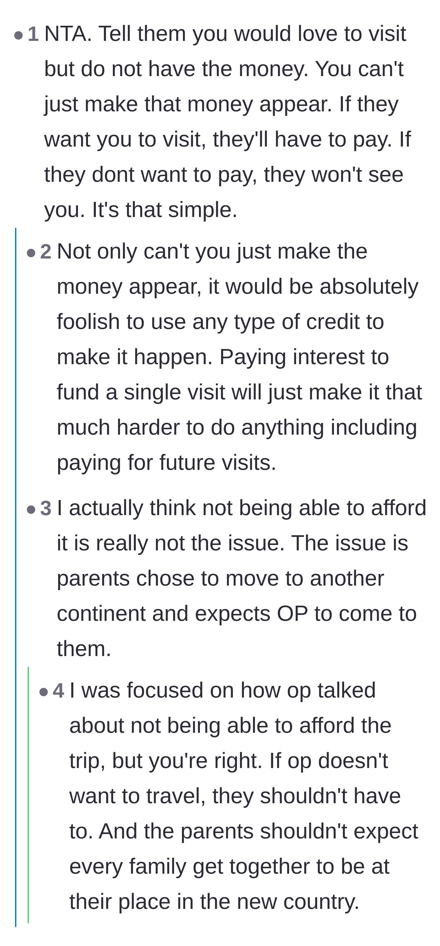 Comment thread 2 - Debate on how the parents' choice to move means they should shoulder the financial and logistical burden of visits.