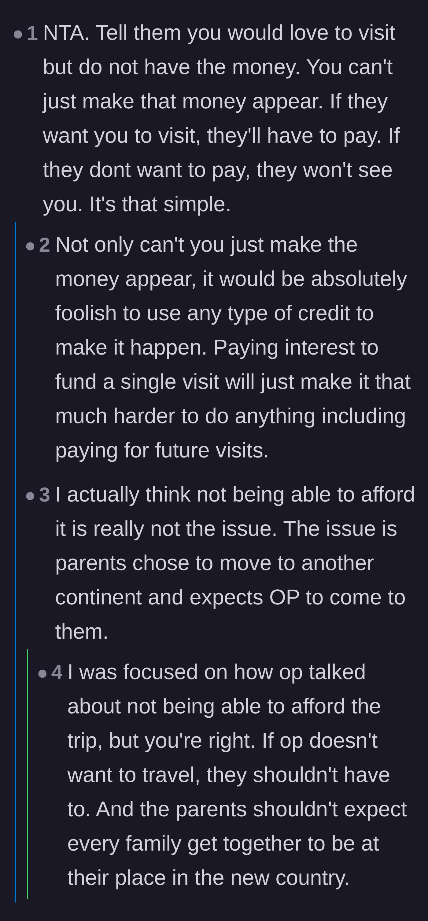 Comment thread 2 - Debate on how the parents' choice to move means they should shoulder the financial and logistical burden of visits.