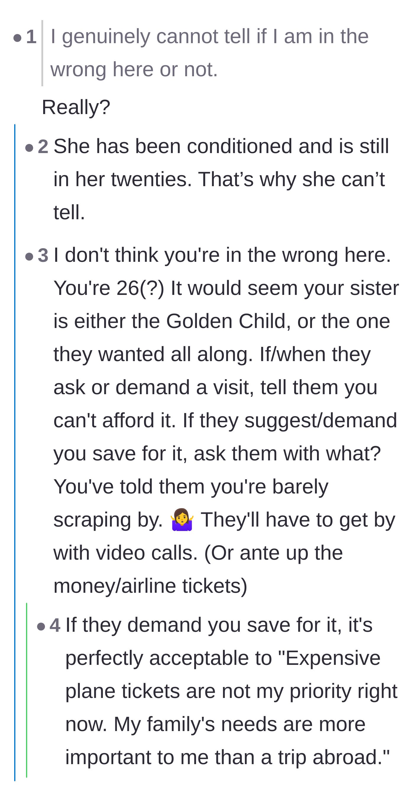 Comment thread 4 - Discussion on how childhood conditioning makes the daughter doubt her own reality, plus a contrast with healthy parenting.