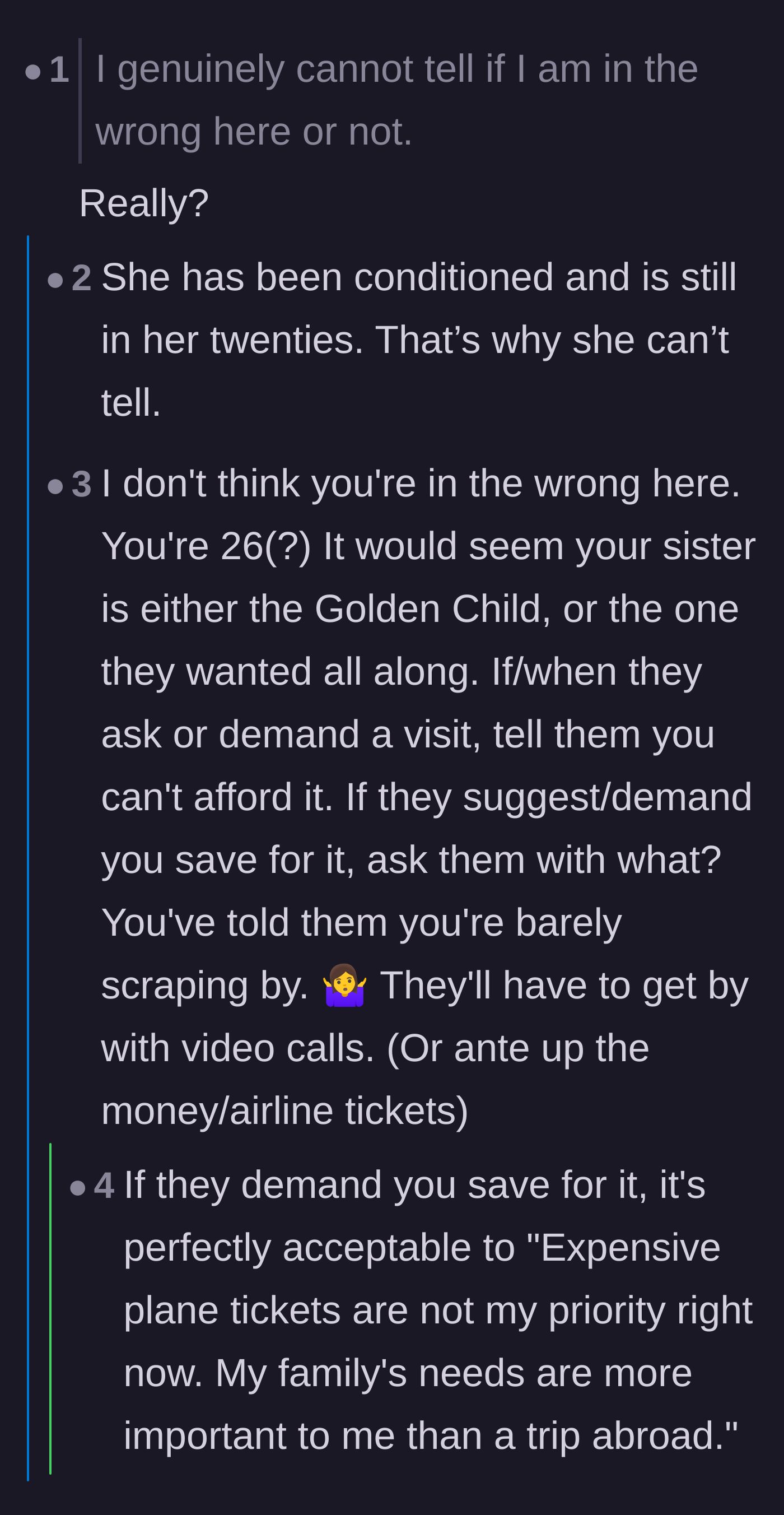 Comment thread 4 - Discussion on how childhood conditioning makes the daughter doubt her own reality, plus a contrast with healthy parenting.