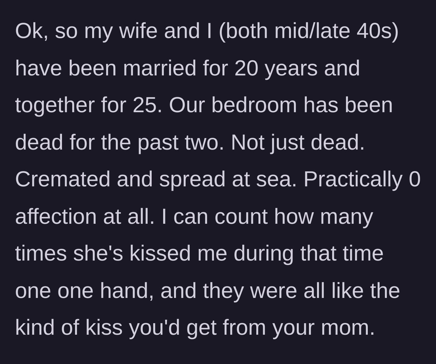Story part 1 - The husband describes a 20-year marriage that has devolved into a completely devoid, affectionless relationship over the last two years.