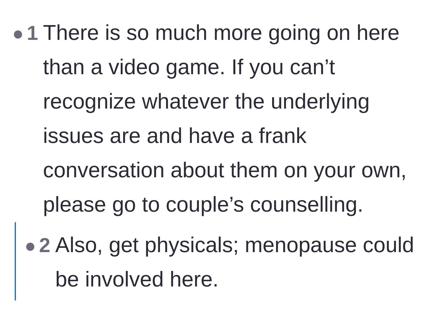 Comment thread 1 - Readers discussing underlying medical causes like perimenopause and the need for couples counseling.