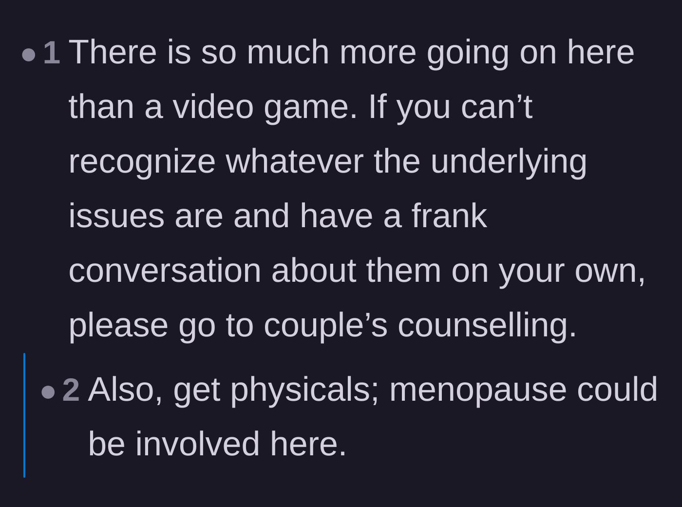 Comment thread 1 - Readers discussing underlying medical causes like perimenopause and the need for couples counseling.