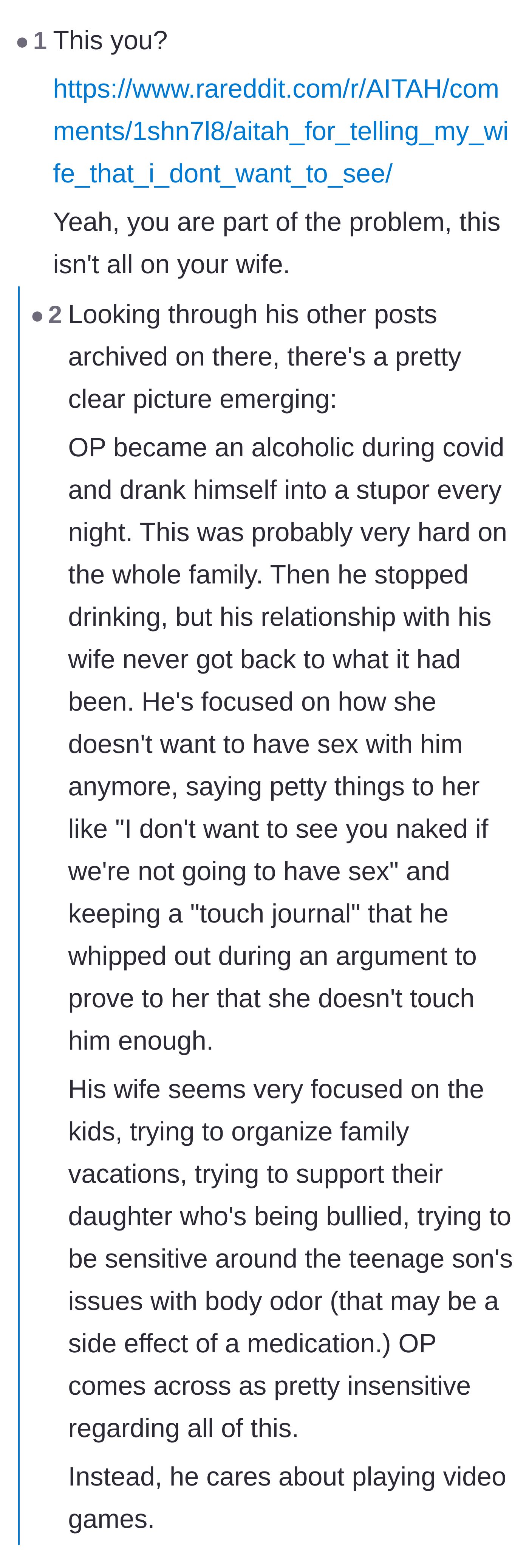 Comment thread 6 - Commenters discovering the husband's Reddit history involving past struggles with alcohol and insensitive behavior toward his family.