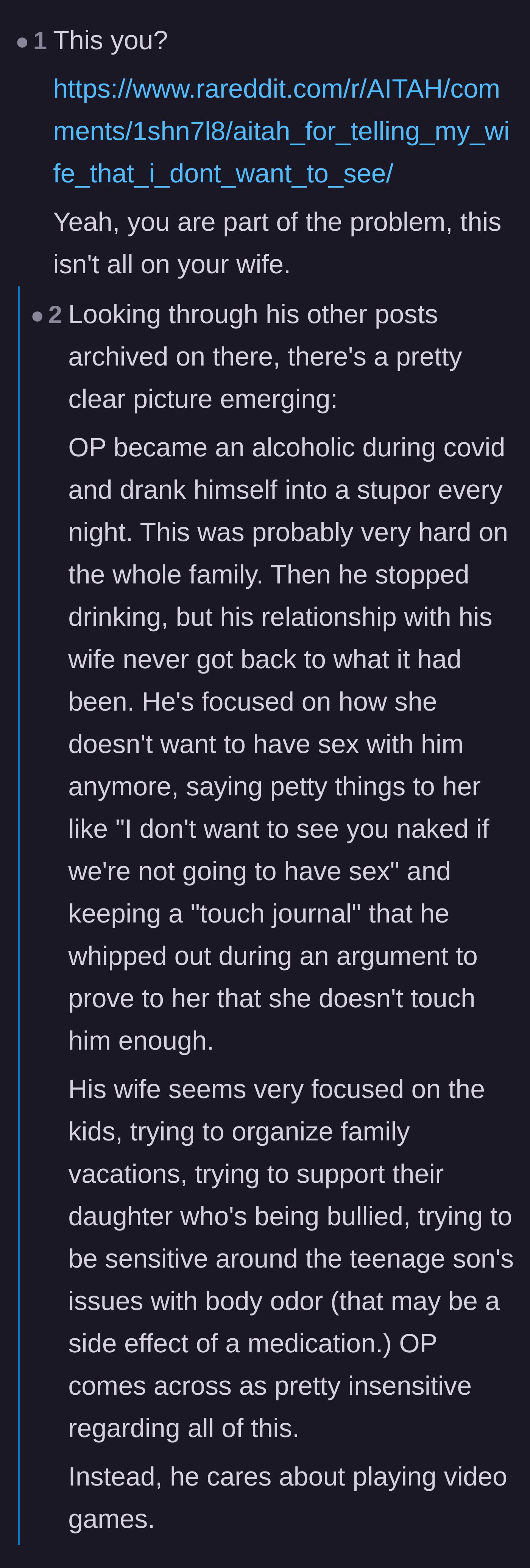 Comment thread 6 - Commenters discovering the husband's Reddit history involving past struggles with alcohol and insensitive behavior toward his family.