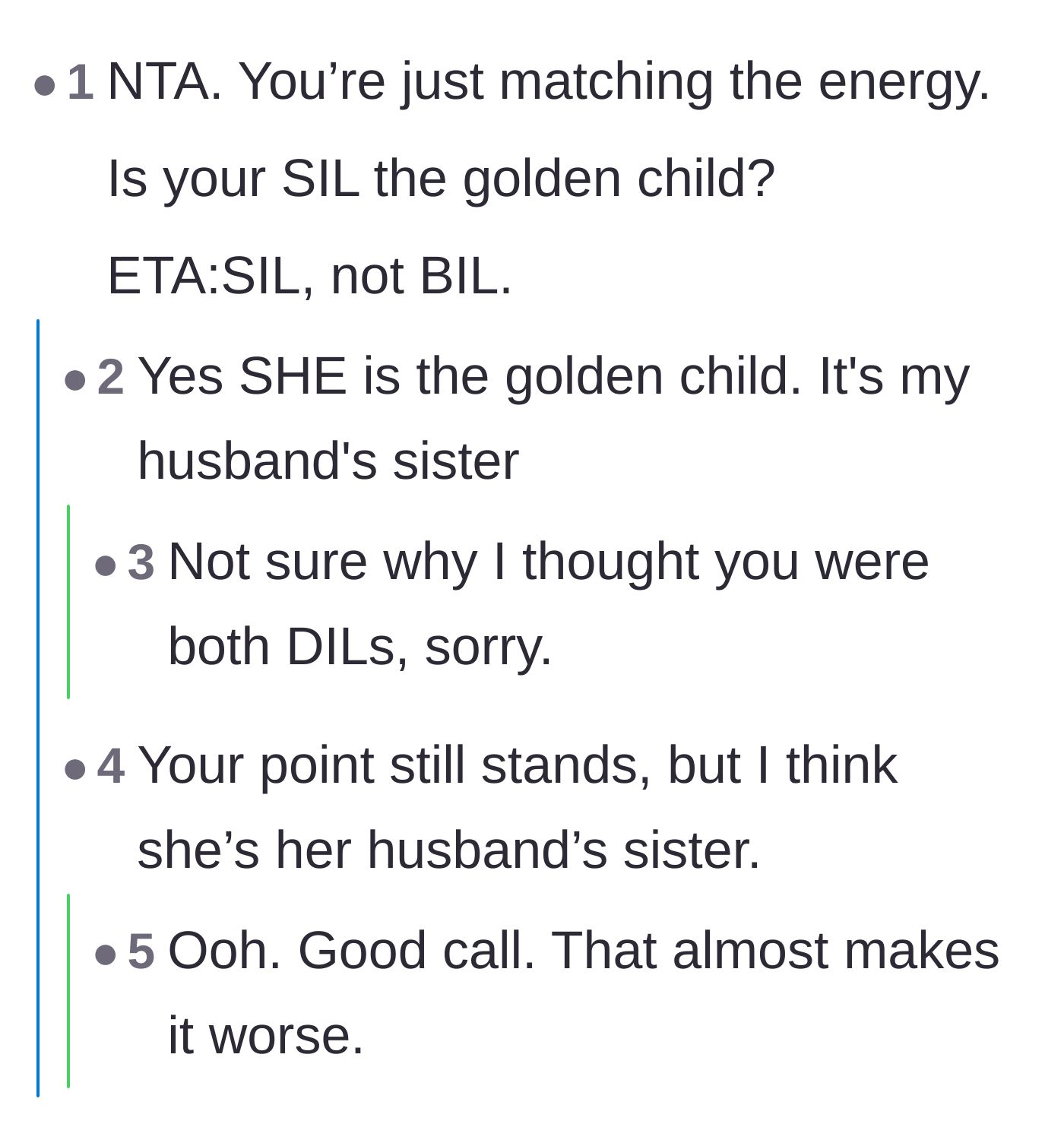 Comment thread 2 - The narrator confirms that her husband's sister is the family's golden child