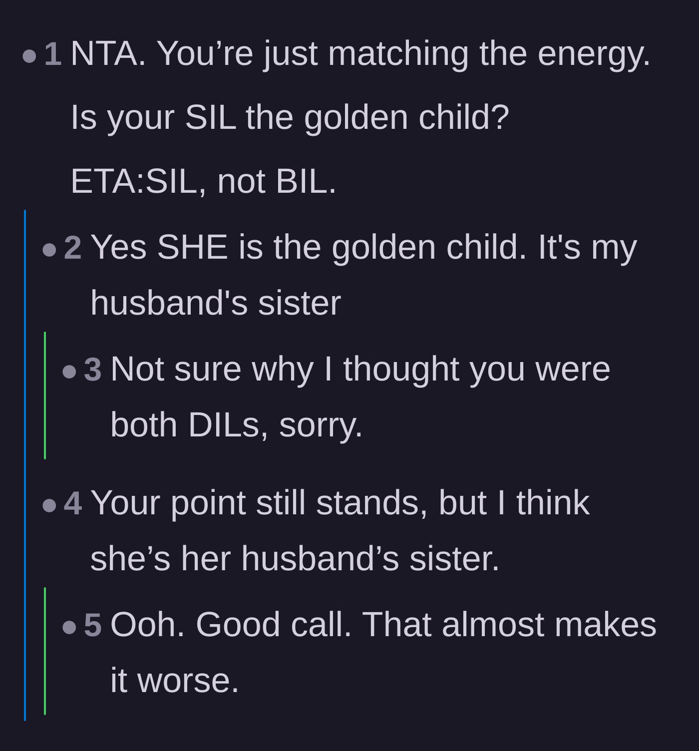 Comment thread 2 - The narrator confirms that her husband's sister is the family's golden child