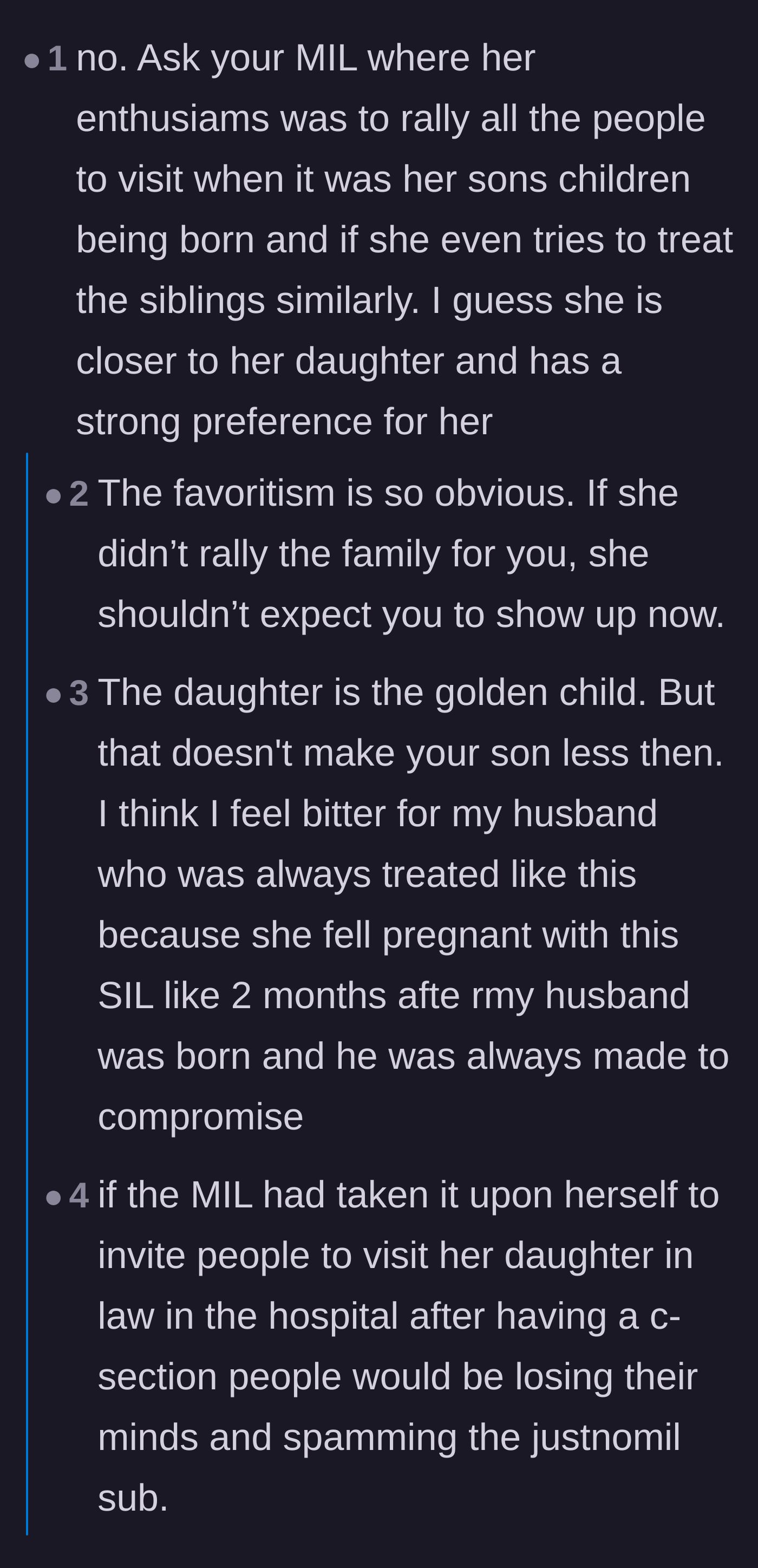 Comment thread 4 - A deep dive into the mother-in-law's lifelong favoritism toward her daughter at her son's expense