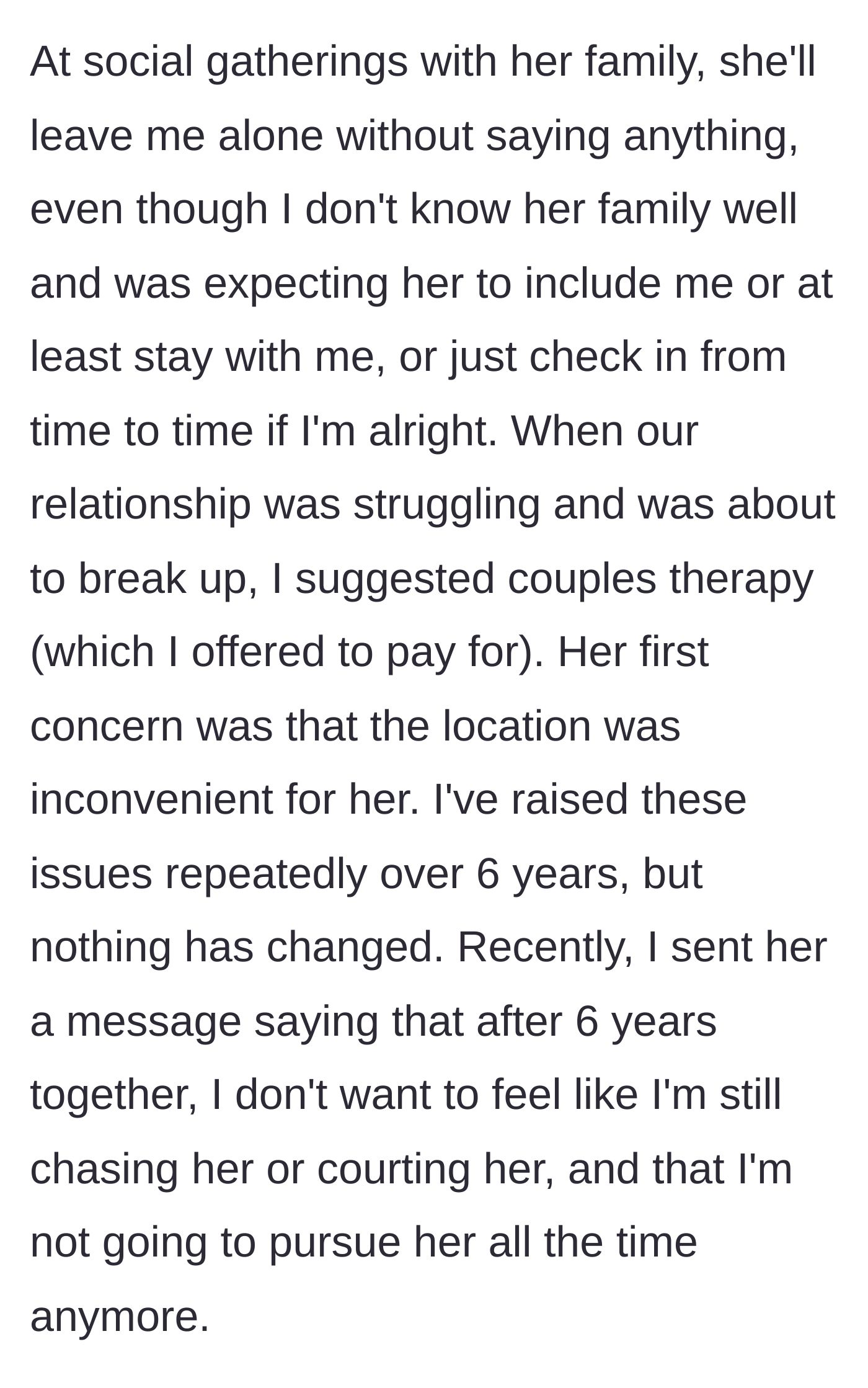 Story part 3 - Examples of the girlfriend prioritizing her own convenience, including making him travel two hours on his own birthday.