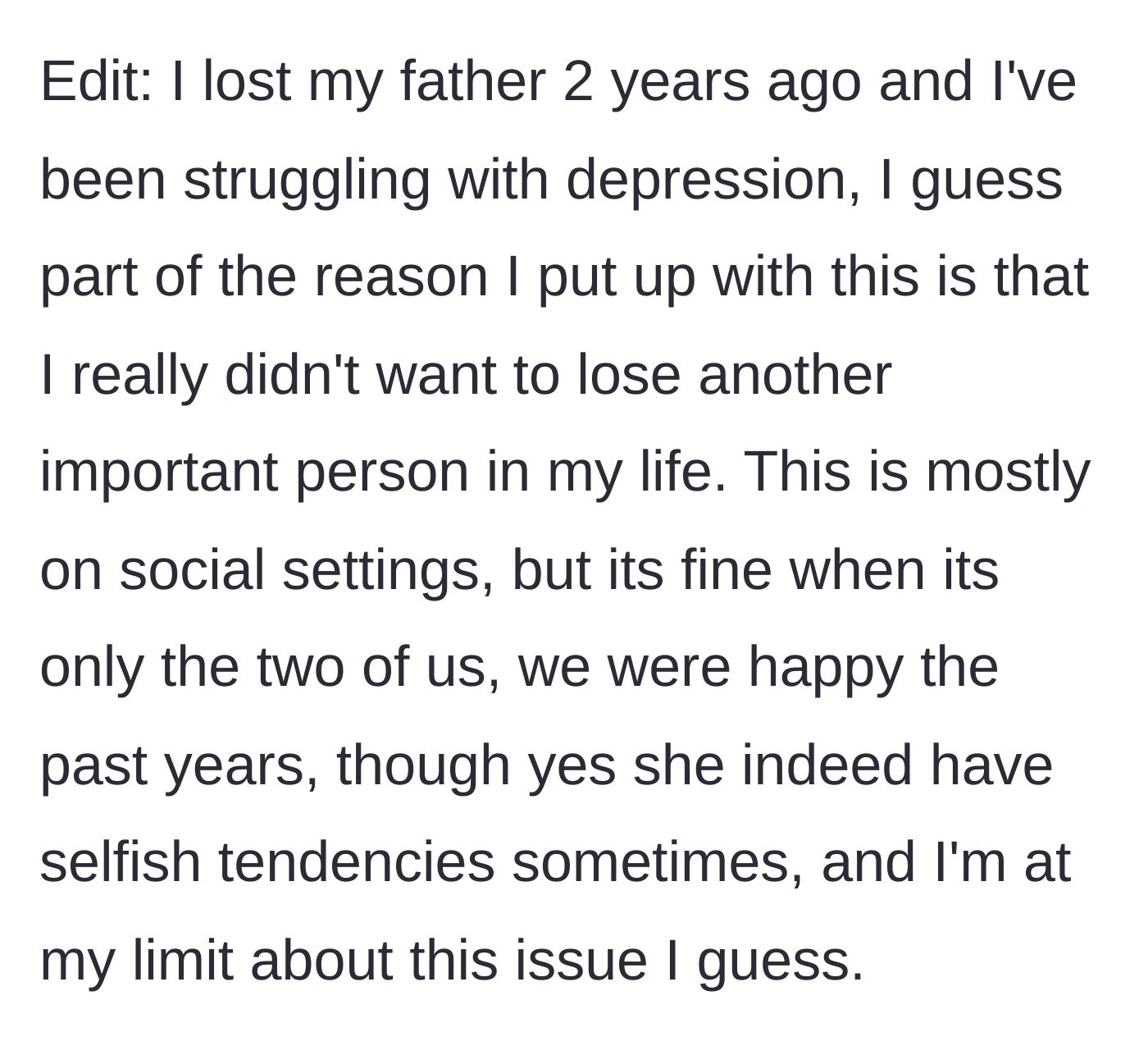 Story part 5 - An edit revealing the main character lost his father two years ago and has been quietly battling depression.