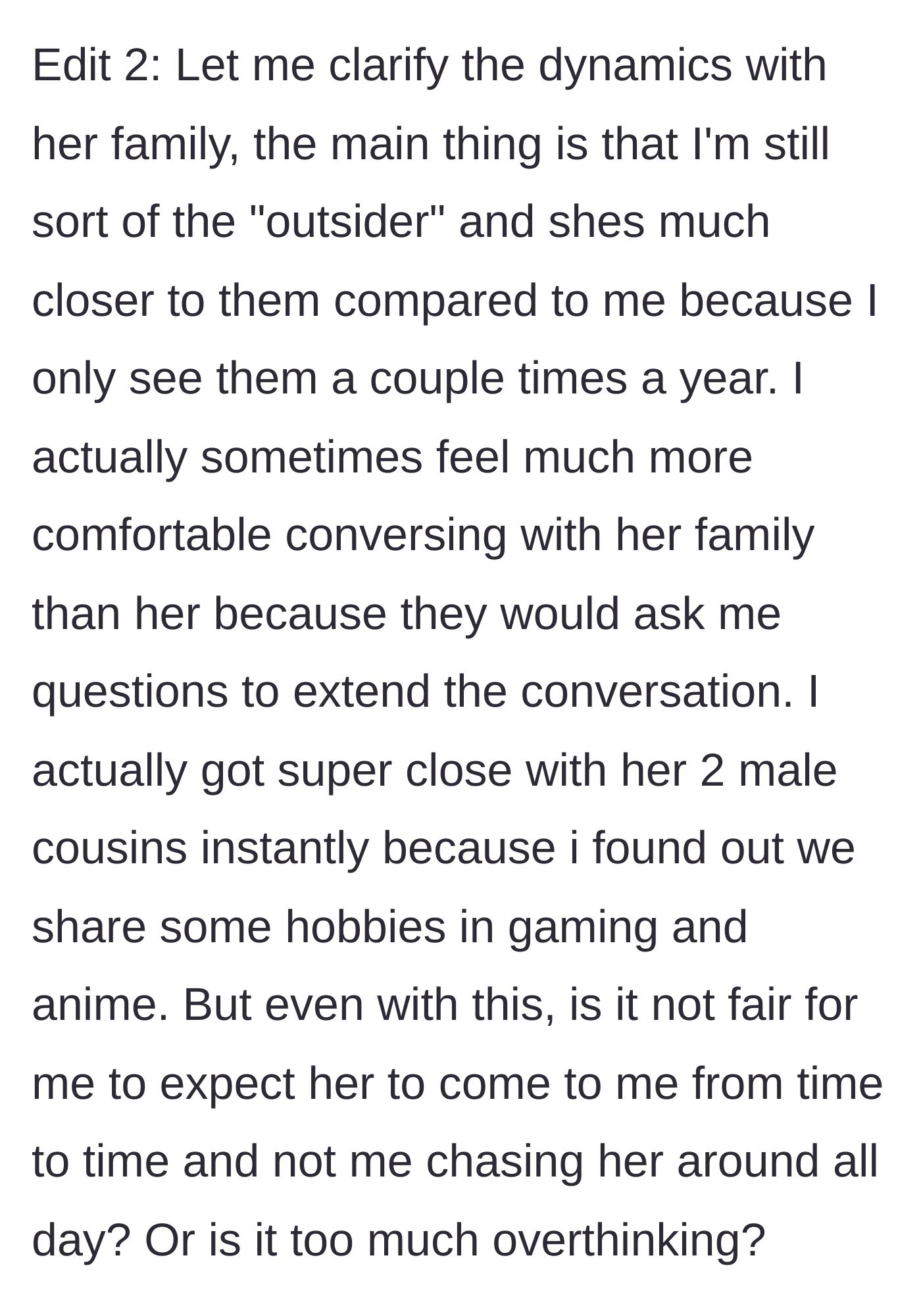 Story part 6 - A final clarification showing that the girlfriend's family is actually kinder and more engaging to him than she is.