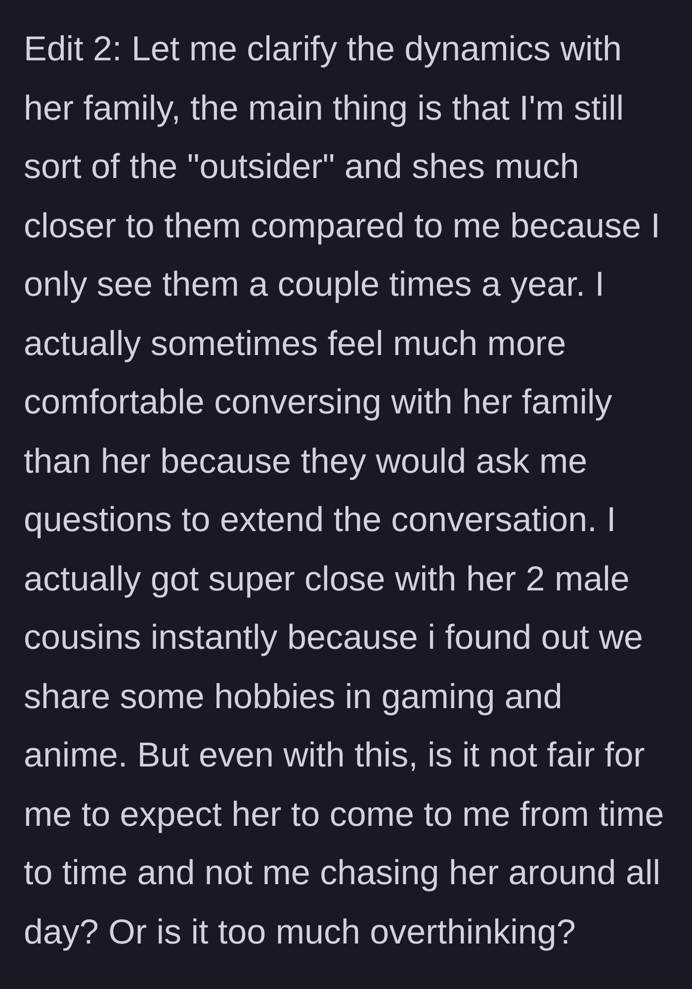Story part 6 - A final clarification showing that the girlfriend's family is actually kinder and more engaging to him than she is.