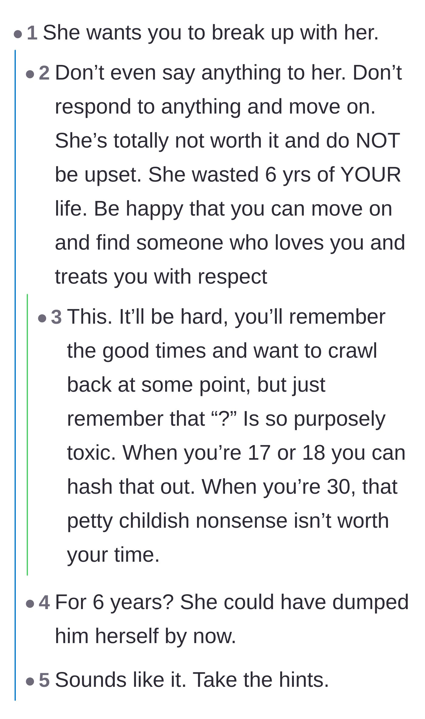 Comment thread 1 - Readers debating whether the girlfriend is intentionally acting cold to force a breakup.