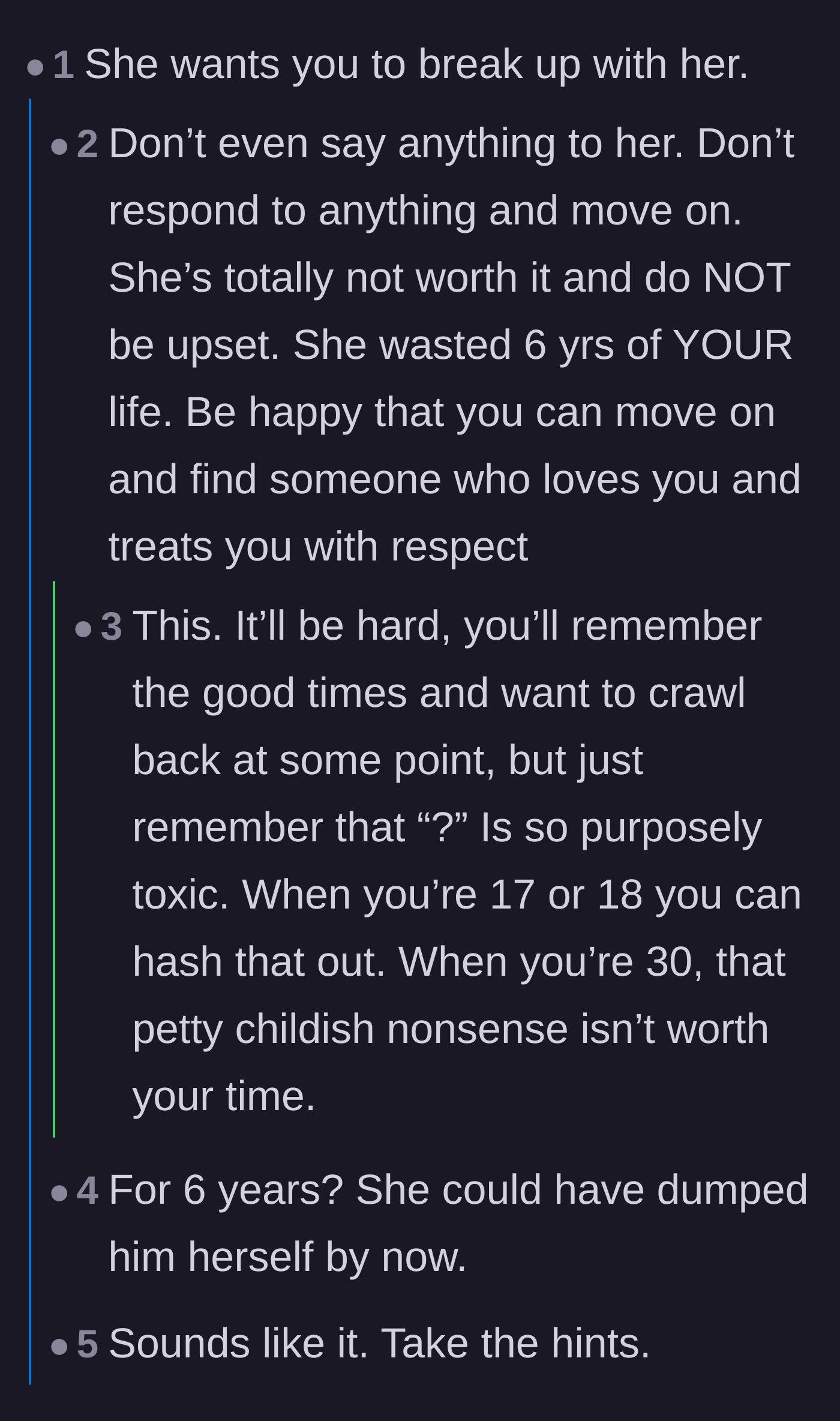 Comment thread 1 - Readers debating whether the girlfriend is intentionally acting cold to force a breakup.