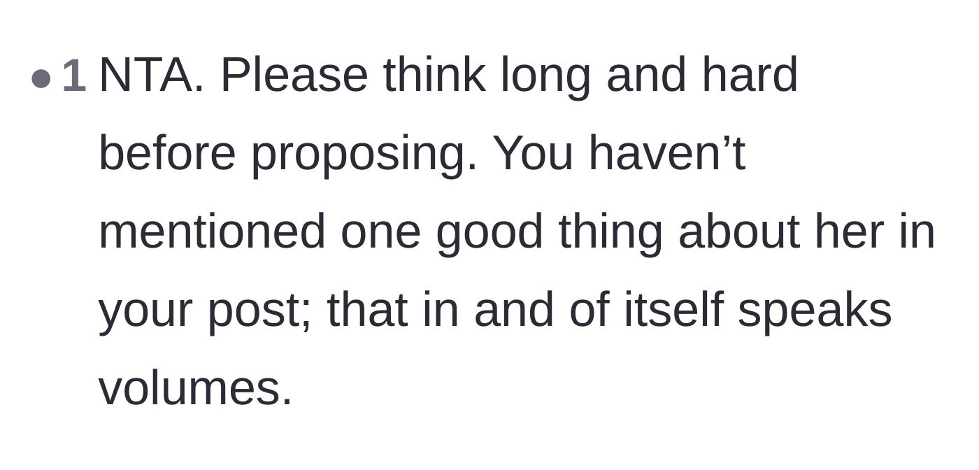 Comment thread 5 - A reader pointing out the alarming lack of positive traits mentioned about the girlfriend in the original post.