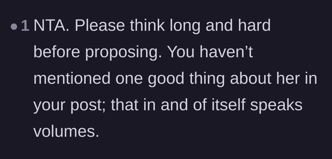 Comment thread 5 - A reader pointing out the alarming lack of positive traits mentioned about the girlfriend in the original post.