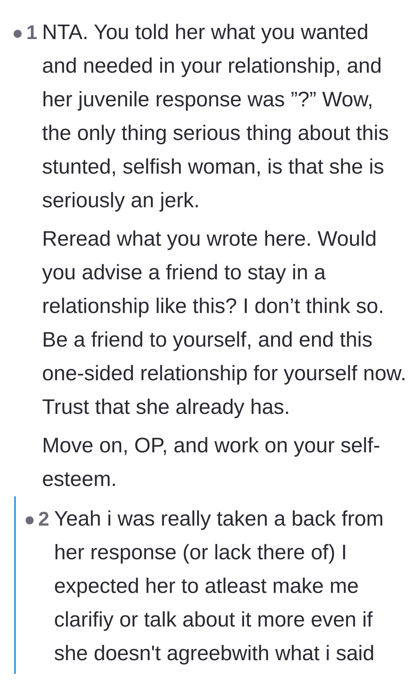 Comment thread 6 - Advice urging the author to treat himself like a friend and leave, with a reply from the author expressing his hurt.
