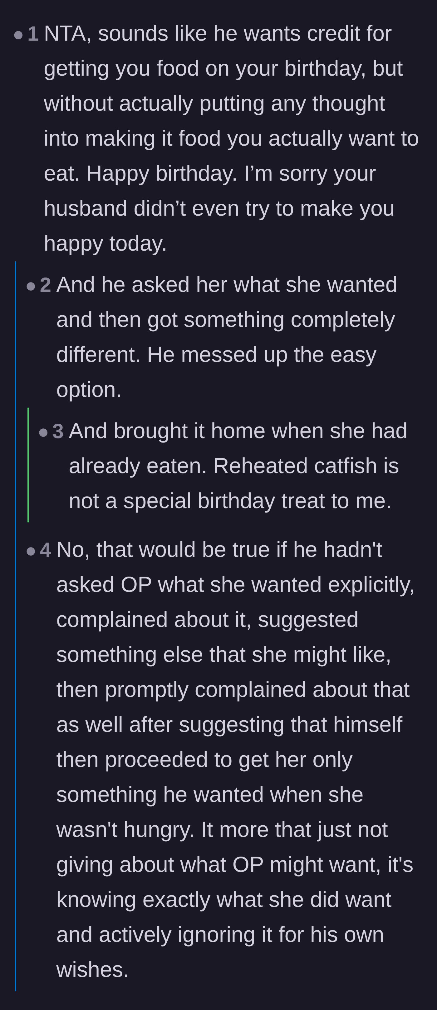 Comment thread 1 - Readers calling out the husband for intentionally ignoring his wife's dinner requests.