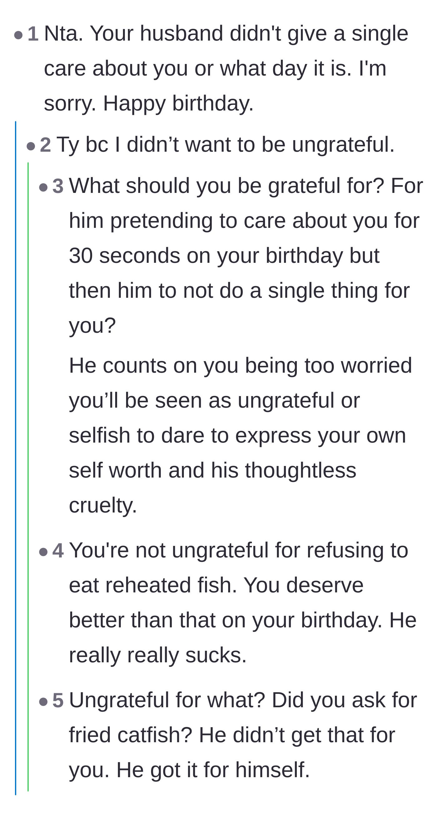 Comment thread 2 - A discussion validating the wife for refusing to feel guilty over a terrible gift.