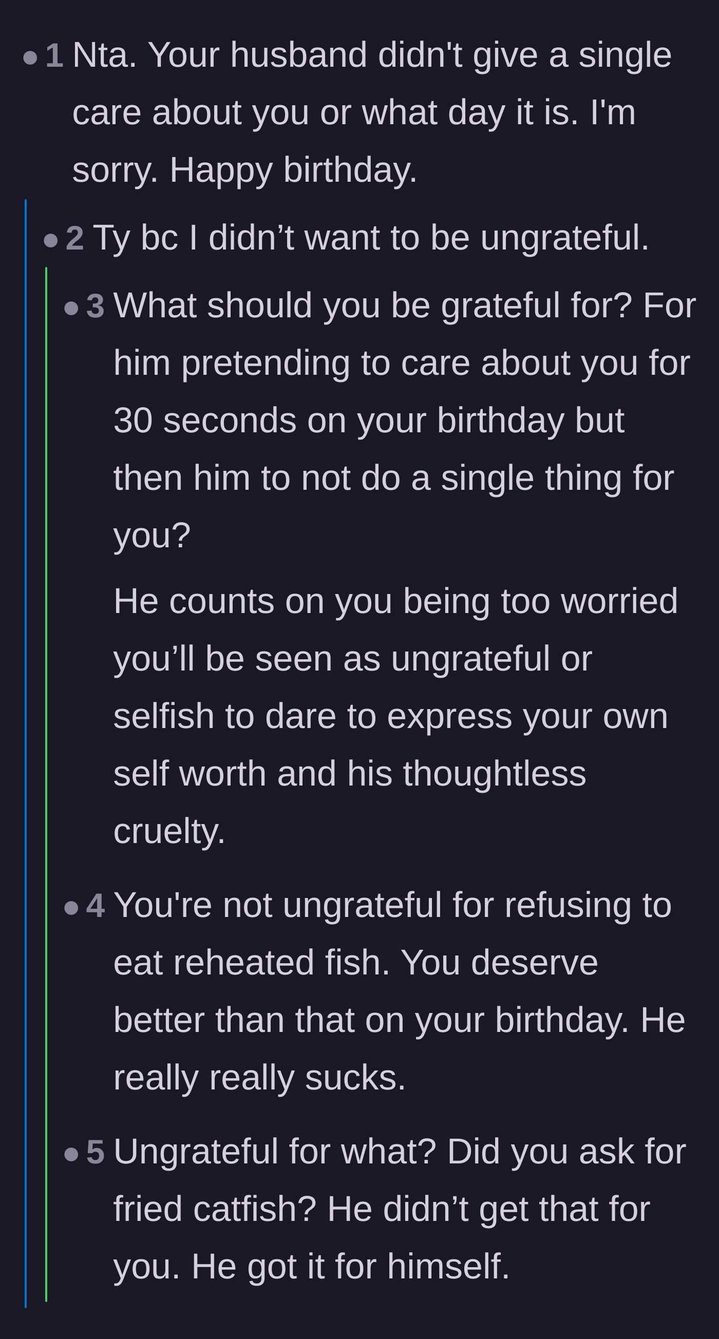 Comment thread 2 - A discussion validating the wife for refusing to feel guilty over a terrible gift.