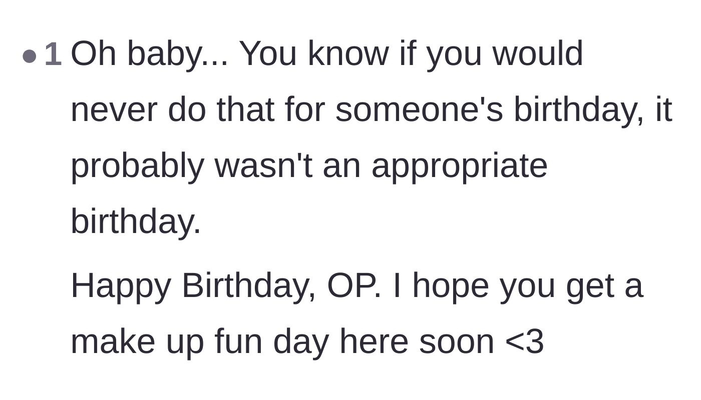 Comment thread 4 - A sweet message of empathy reminding the wife of the golden rule of birthday treatment.