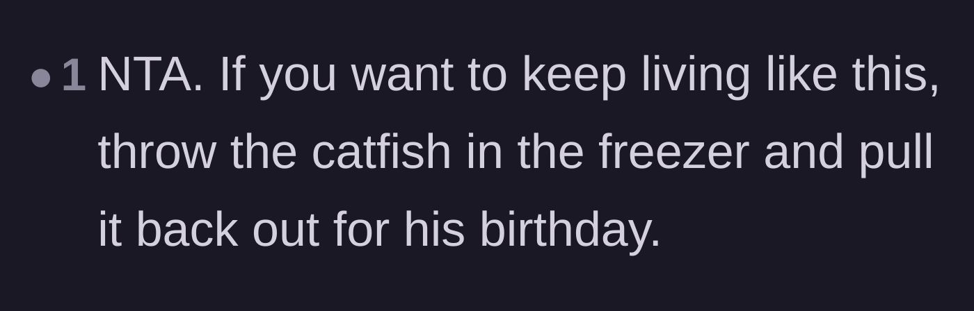 Comment thread 5 - A hilarious suggestion to freeze the leftover fish for the husband's next birthday.