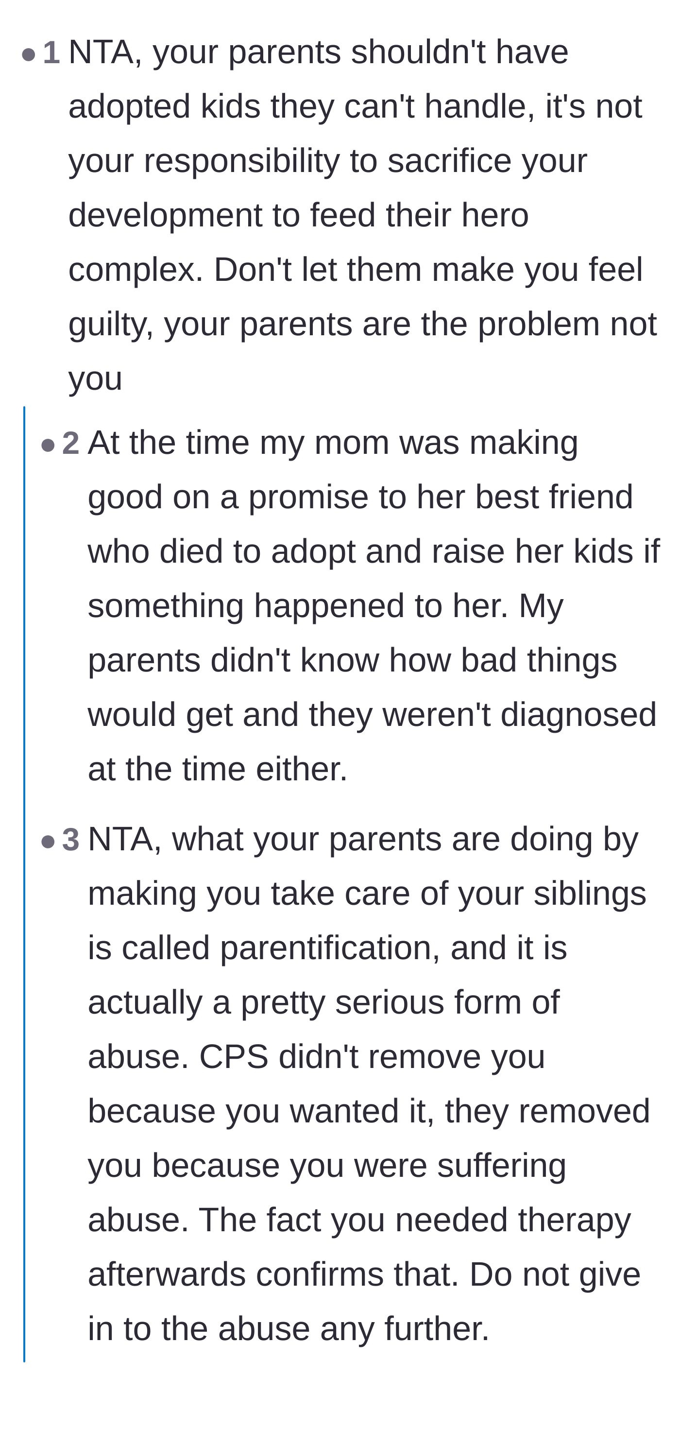 Comment thread 1 - Readers debate whether the parents' decision to adopt their late friend's children justifies the resulting neglect of their eldest son.