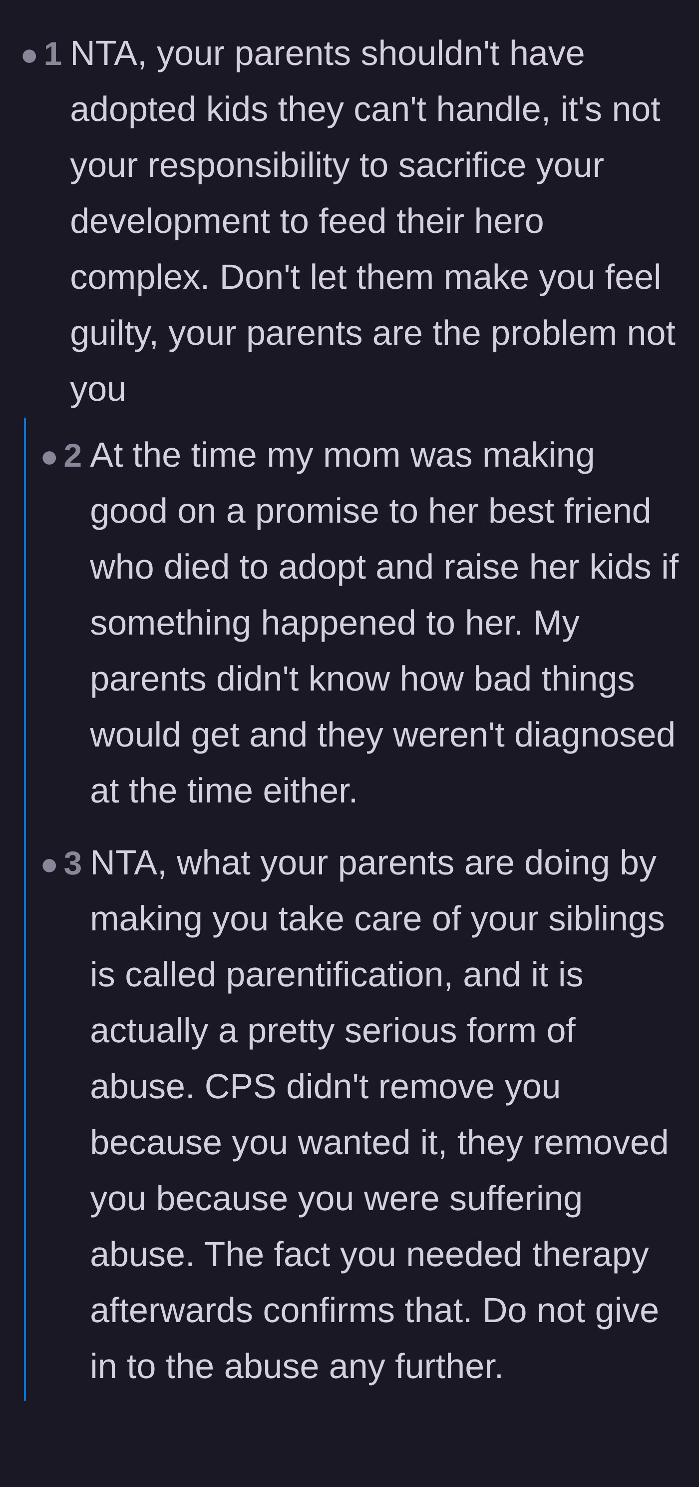 Comment thread 1 - Readers debate whether the parents' decision to adopt their late friend's children justifies the resulting neglect of their eldest son.