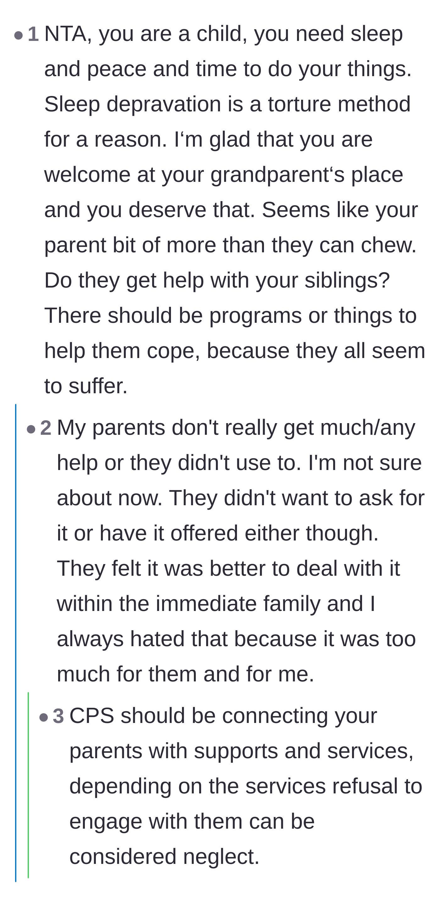 Comment thread 2 - A discussion on how sleep deprivation is a literal form of torture and the parents' tragic refusal to seek outside help.