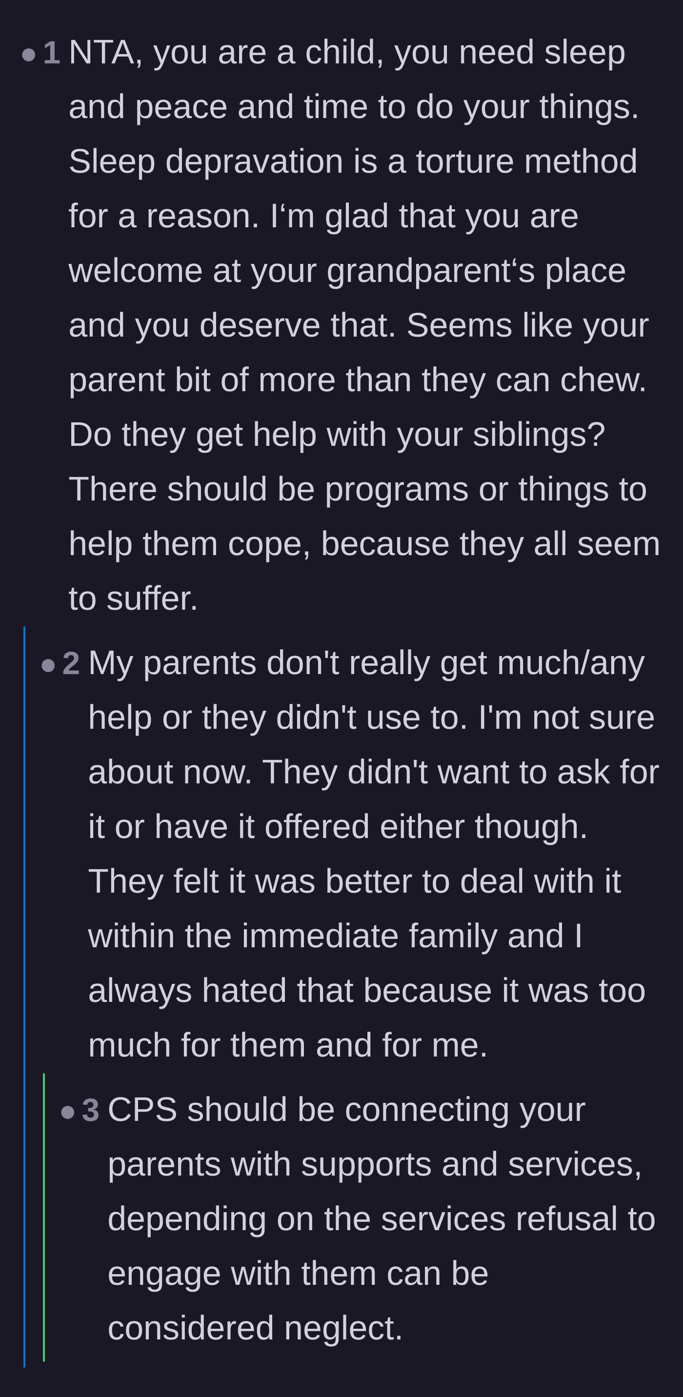 Comment thread 2 - A discussion on how sleep deprivation is a literal form of torture and the parents' tragic refusal to seek outside help.