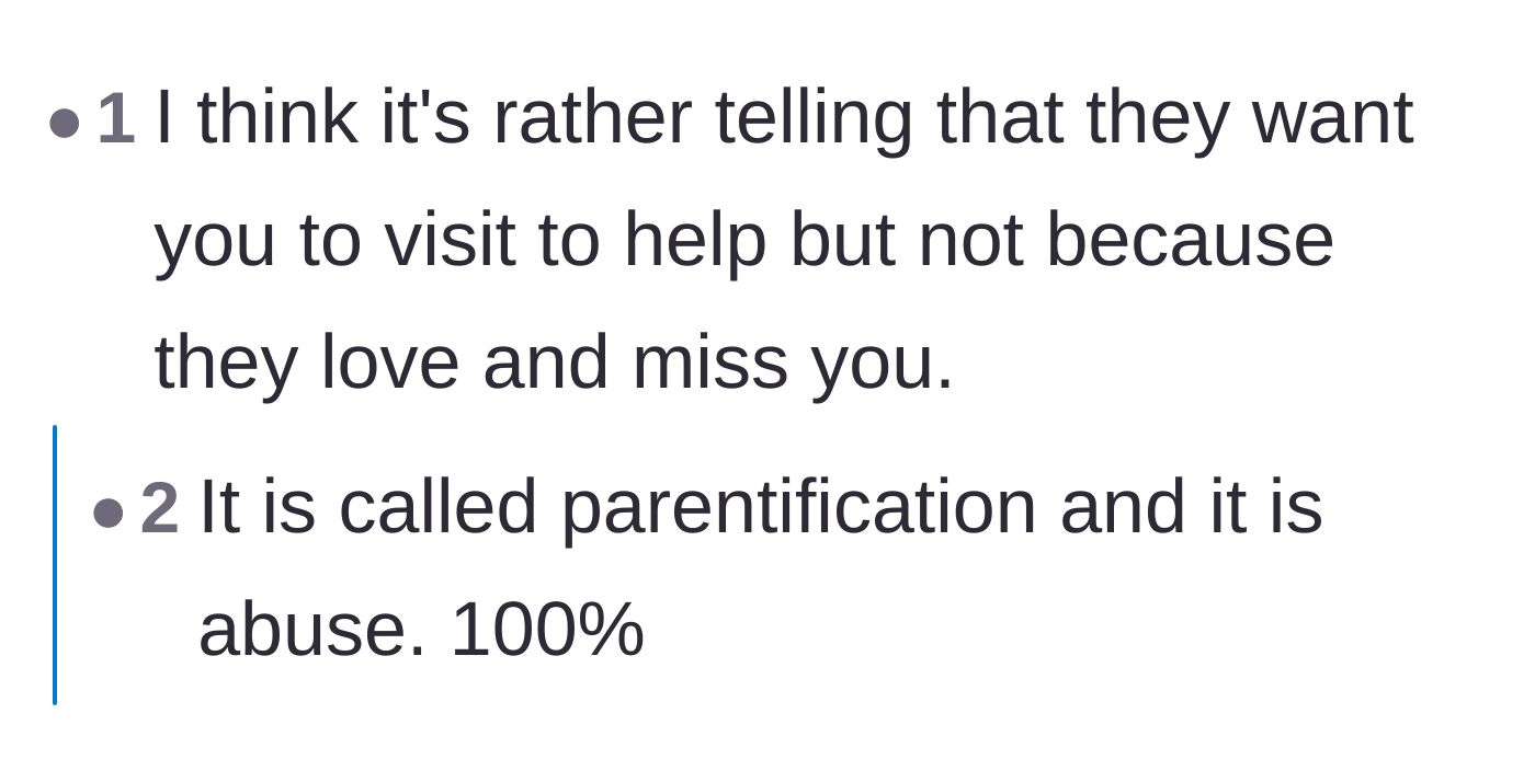 Comment thread 4 - A brief but powerful observation that the parents only want the teenager back for free childcare, not out of love.