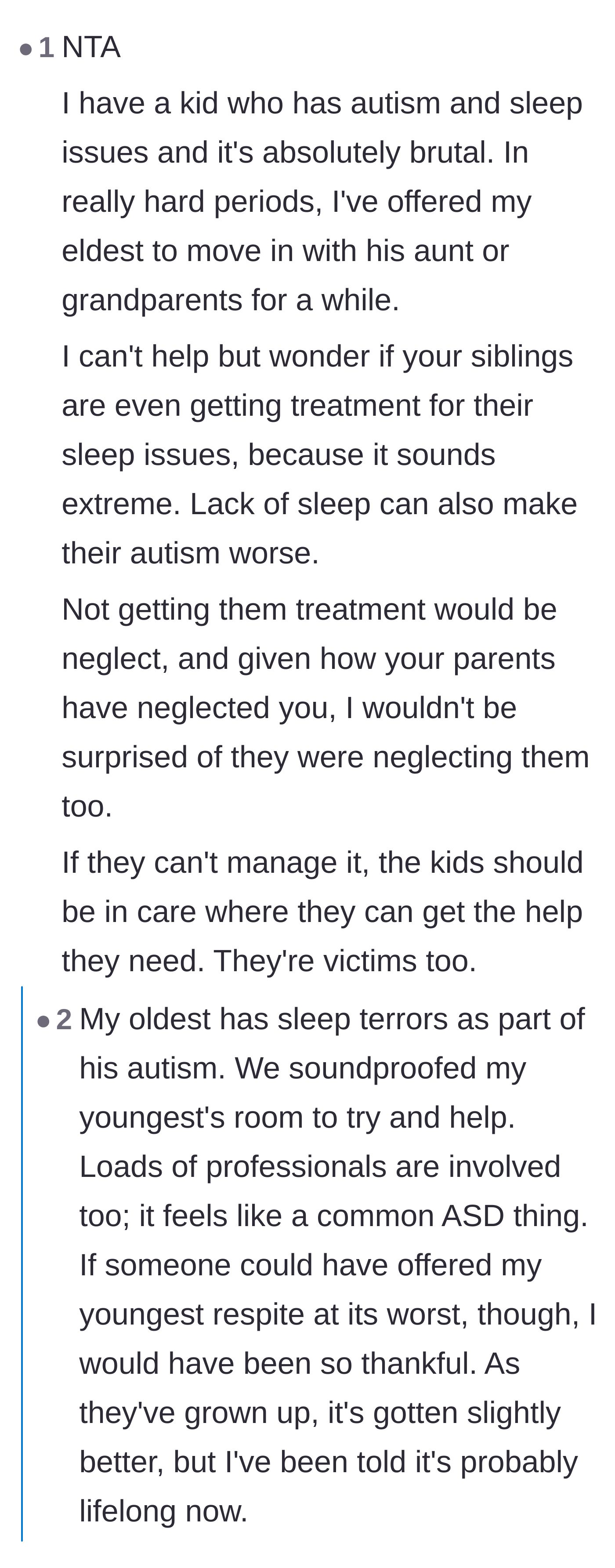 Comment thread 6 - A parent of an autistic child shares their perspective, emphasizing that the younger siblings' extreme screaming indicates severe unmet needs.