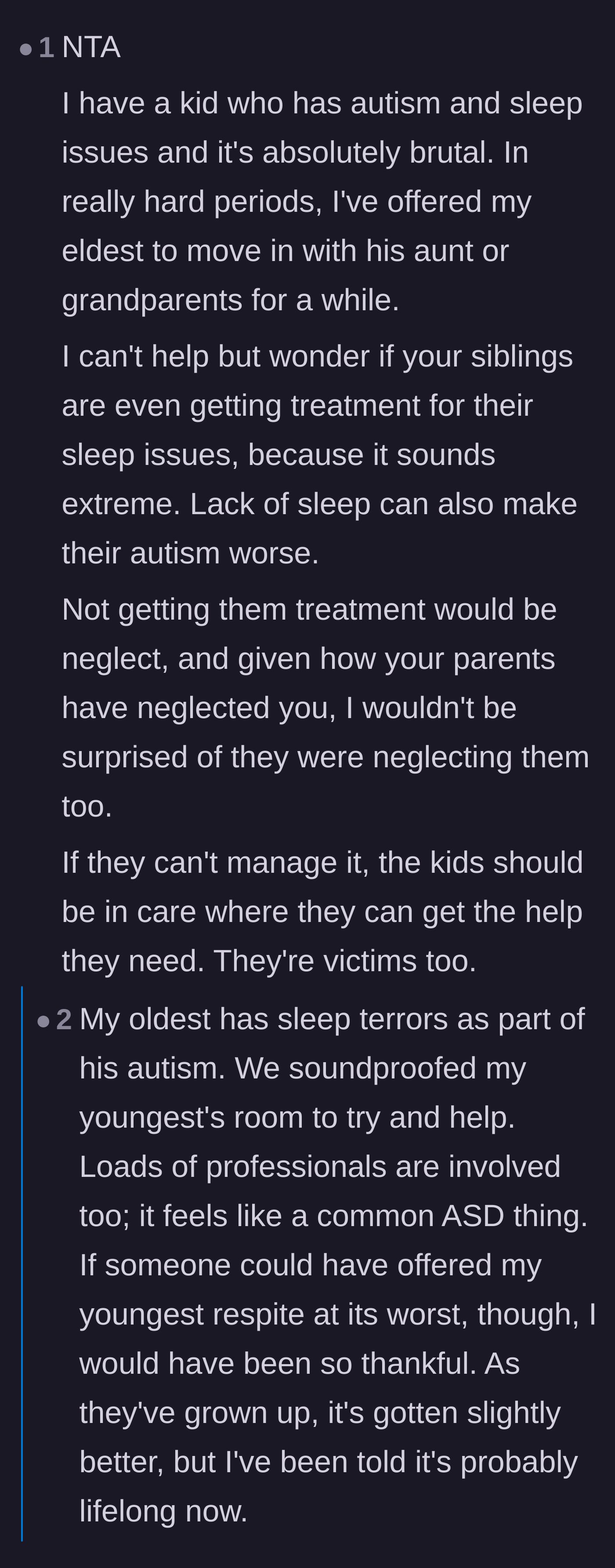 Comment thread 6 - A parent of an autistic child shares their perspective, emphasizing that the younger siblings' extreme screaming indicates severe unmet needs.
