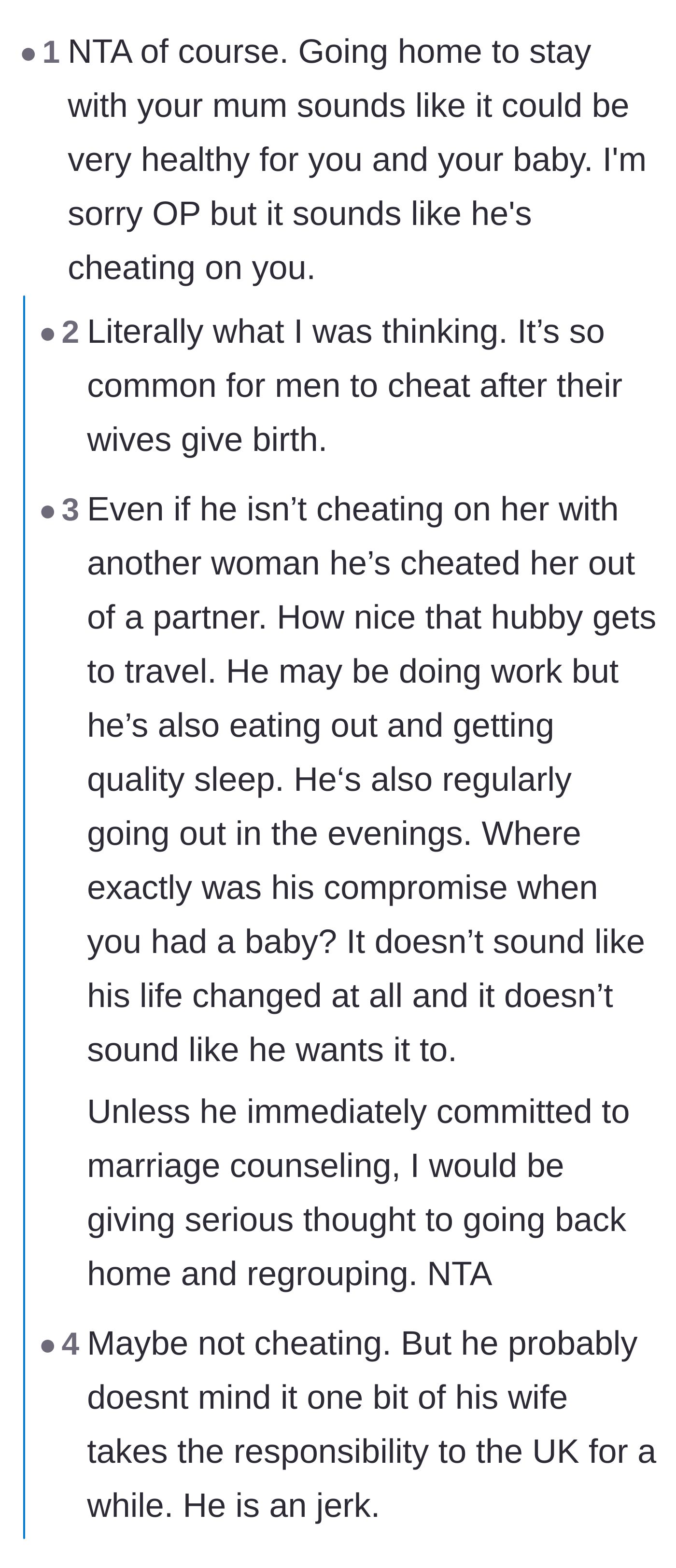 Comment thread 1 - Readers debating whether the husband's frequent work trips are a cover for infidelity or just him escaping fatherhood.