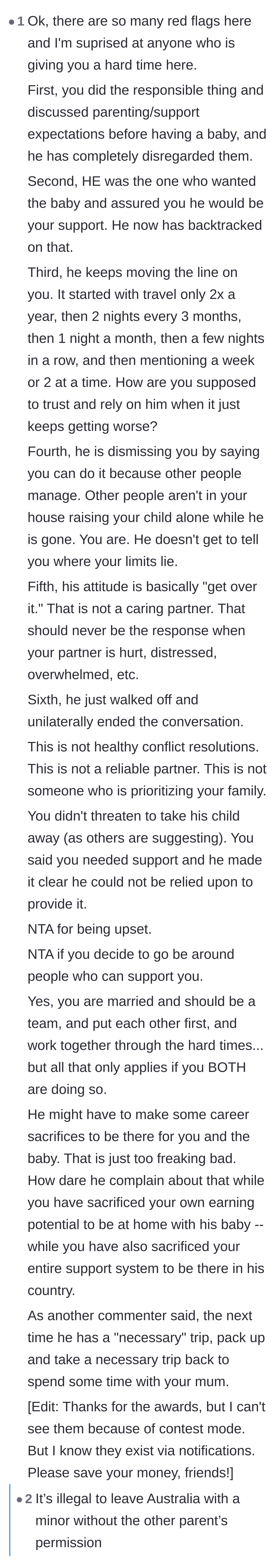 Comment thread 2 - A detailed breakdown of the husband's broken promises and red flags, alongside a debate about international custody laws.