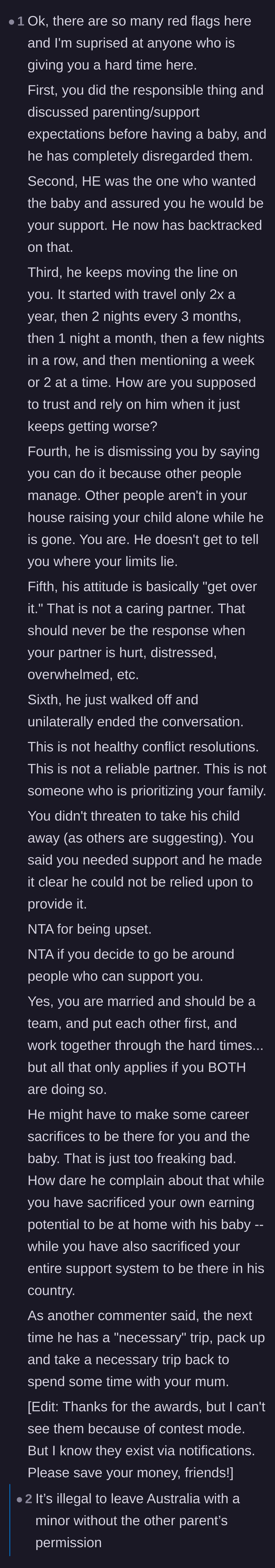 Comment thread 2 - A detailed breakdown of the husband's broken promises and red flags, alongside a debate about international custody laws.