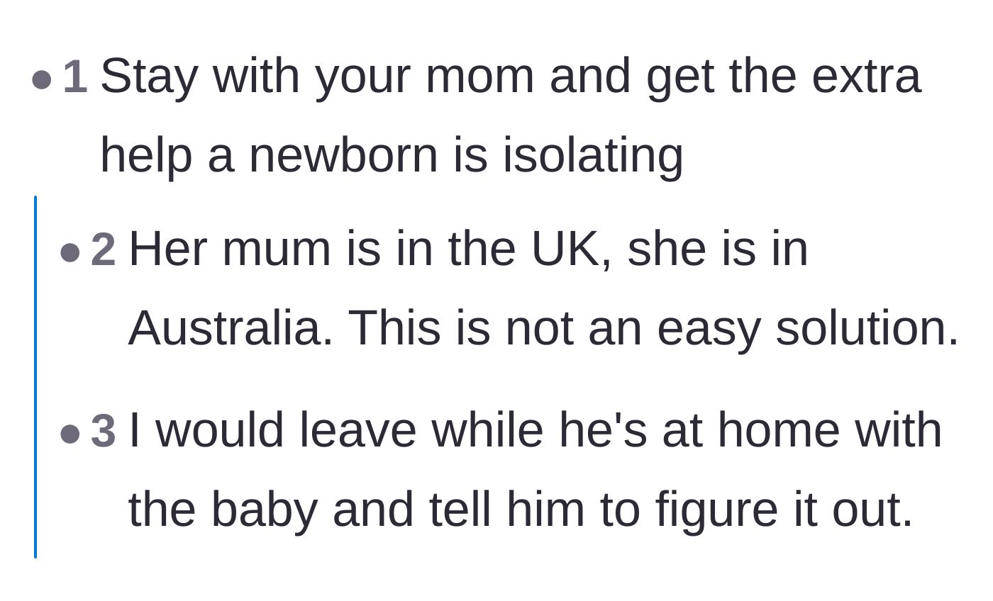 Comment thread 3 - Users urging the mother to leave the baby with the husband or immediately fly to her mother in the UK for help.