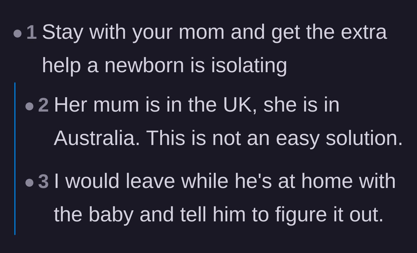 Comment thread 3 - Users urging the mother to leave the baby with the husband or immediately fly to her mother in the UK for help.