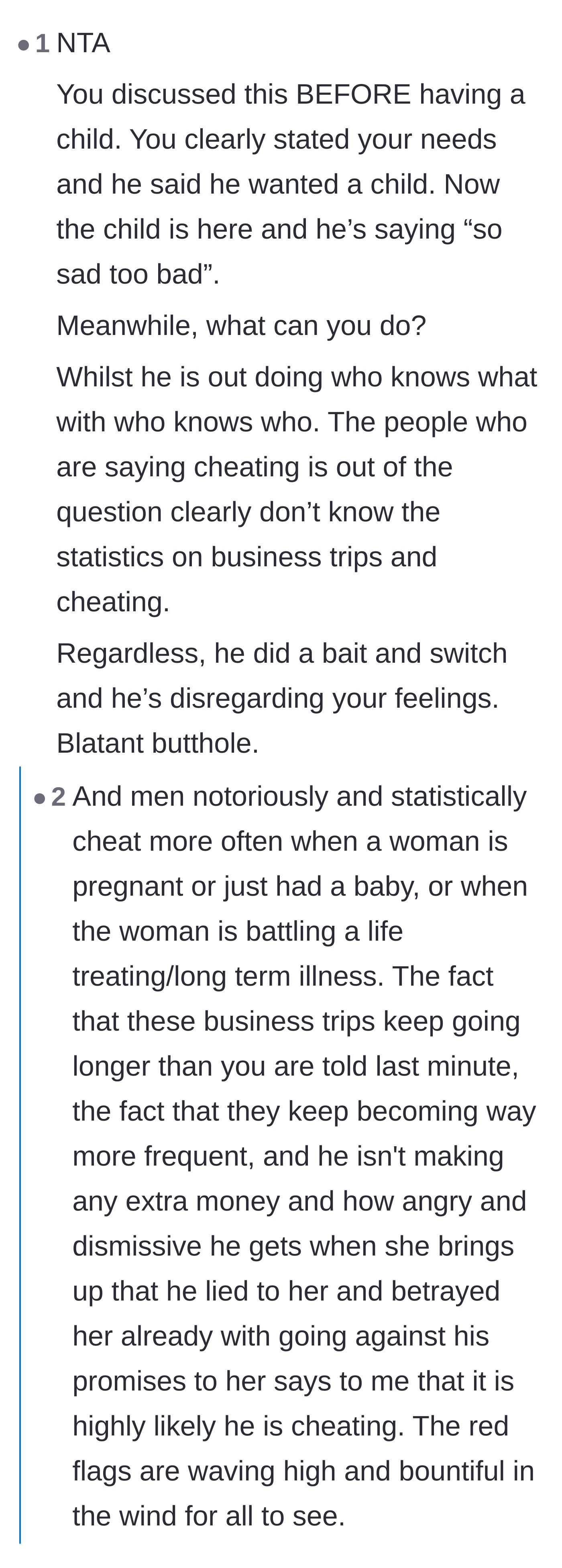 Comment thread 4 - A discussion highlighting the husband's bait-and-switch tactics and citing statistics about infidelity during the postpartum period.