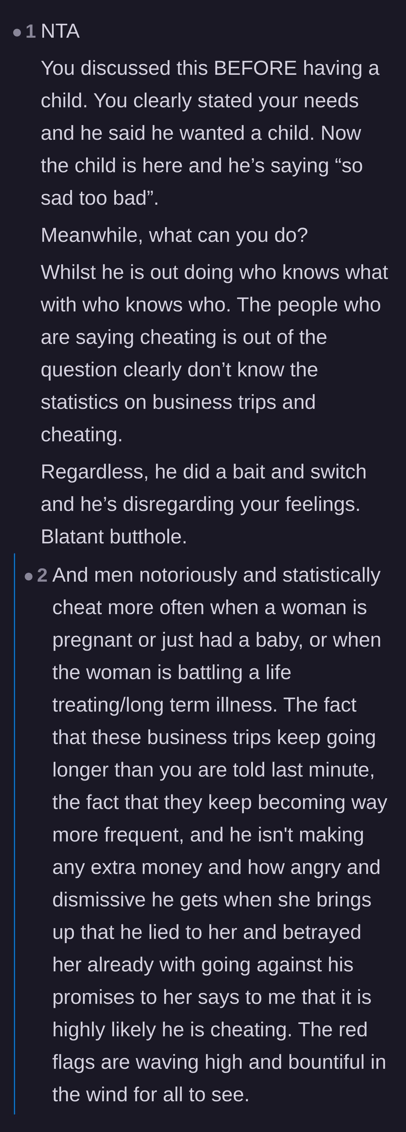 Comment thread 4 - A discussion highlighting the husband's bait-and-switch tactics and citing statistics about infidelity during the postpartum period.