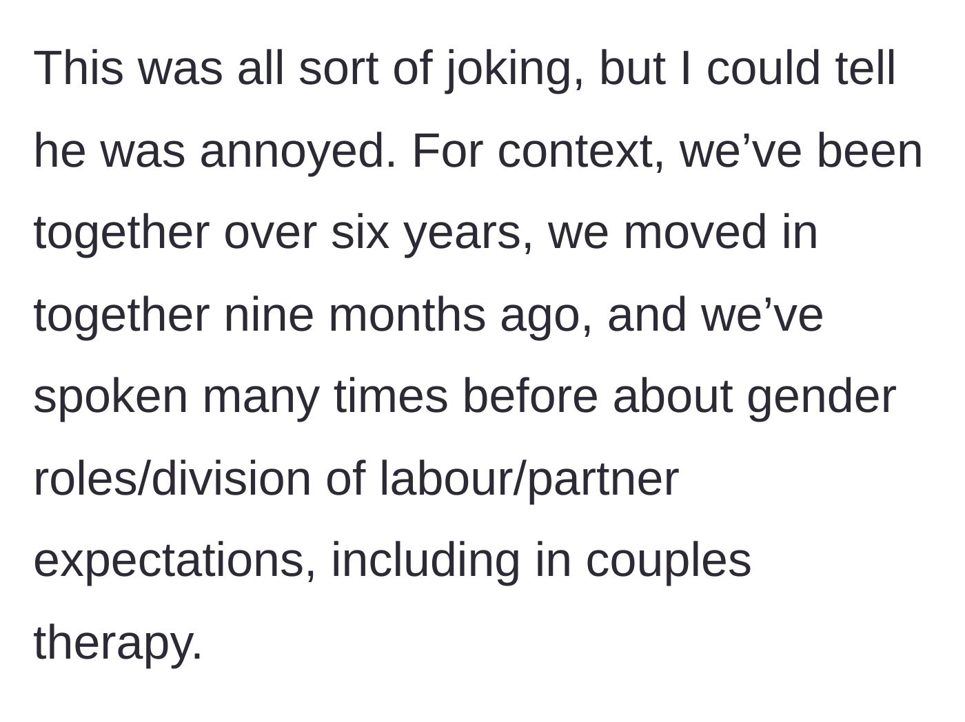 Story part 4 - Context revealing they've been together six years and have discussed mental load in couples therapy.