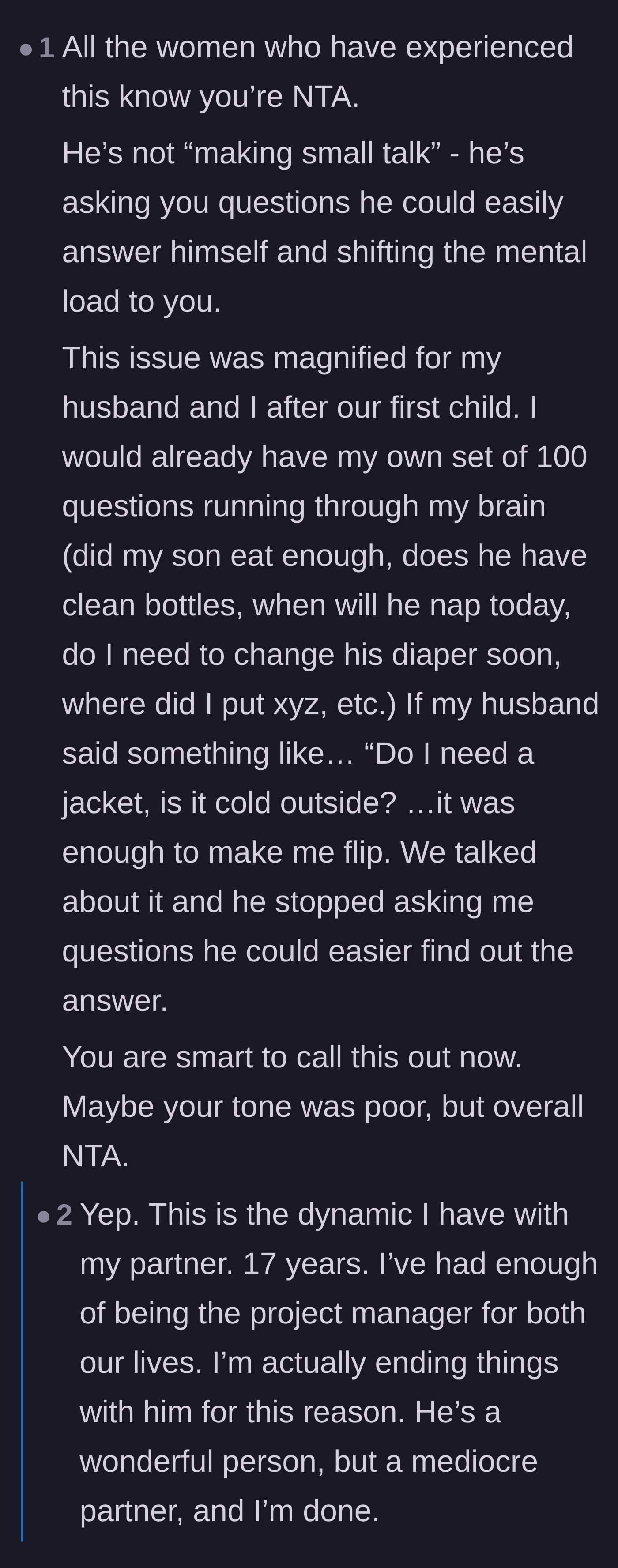Comment thread 1 - Women sharing stories of leaving long-term relationships because of the exhausting mental load.